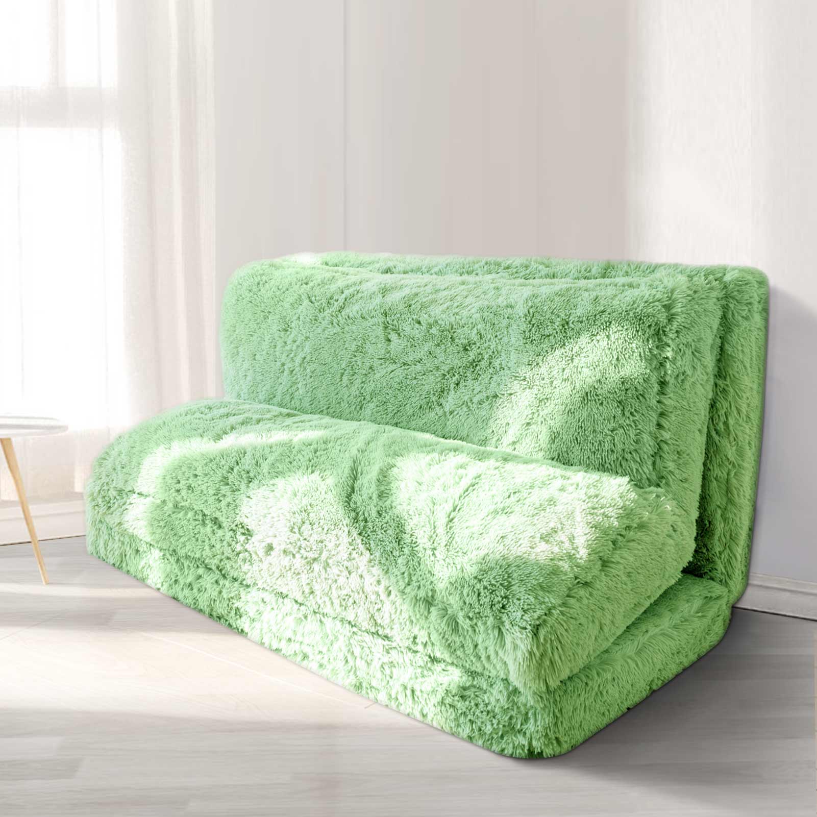 MAXYOYO Faux Fur Bean Bag Chair - Foldable Floor Sofa Bed with Foam Filling, Green Wall Couch Sleeper for Living Room, Bedroom & Dorm | Comfortable Lounge Chair for Reading, Gaming & Relaxing