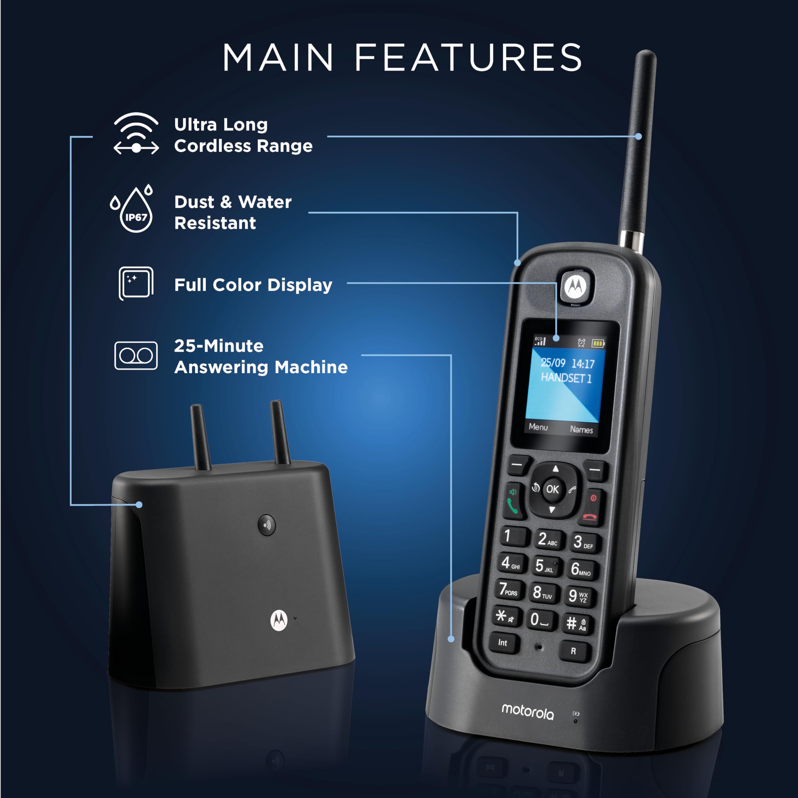Motorola O212 DECT 6.0 Long Range Cordless Phone with Answering Machine - 2 Handsets, IP67 Water & Dust Resistant, Black - Ideal for Home, Office, Warehouse & Outdoor Use