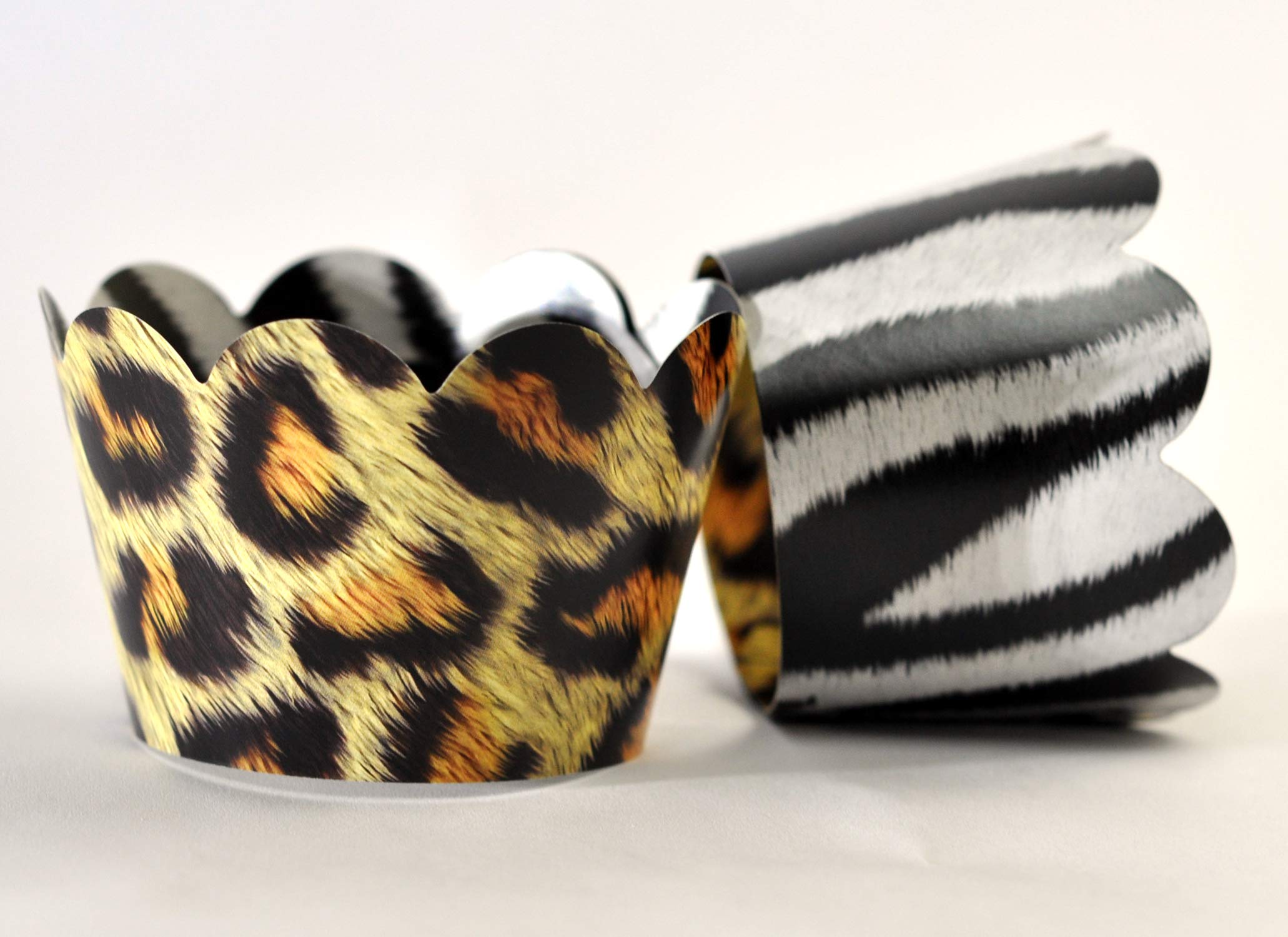 Wild One Cupcake Wrappers - 24-Pack Reversible Zebra & Leopard Print Scalloped Cupcake Holders for Safari Party Decorations, Zoo Theme Baby Showers, Birthday Parties - Perfect for Jungle Themed Events, Kids Birthday Cakes, and Animal Print Dessert Displays
