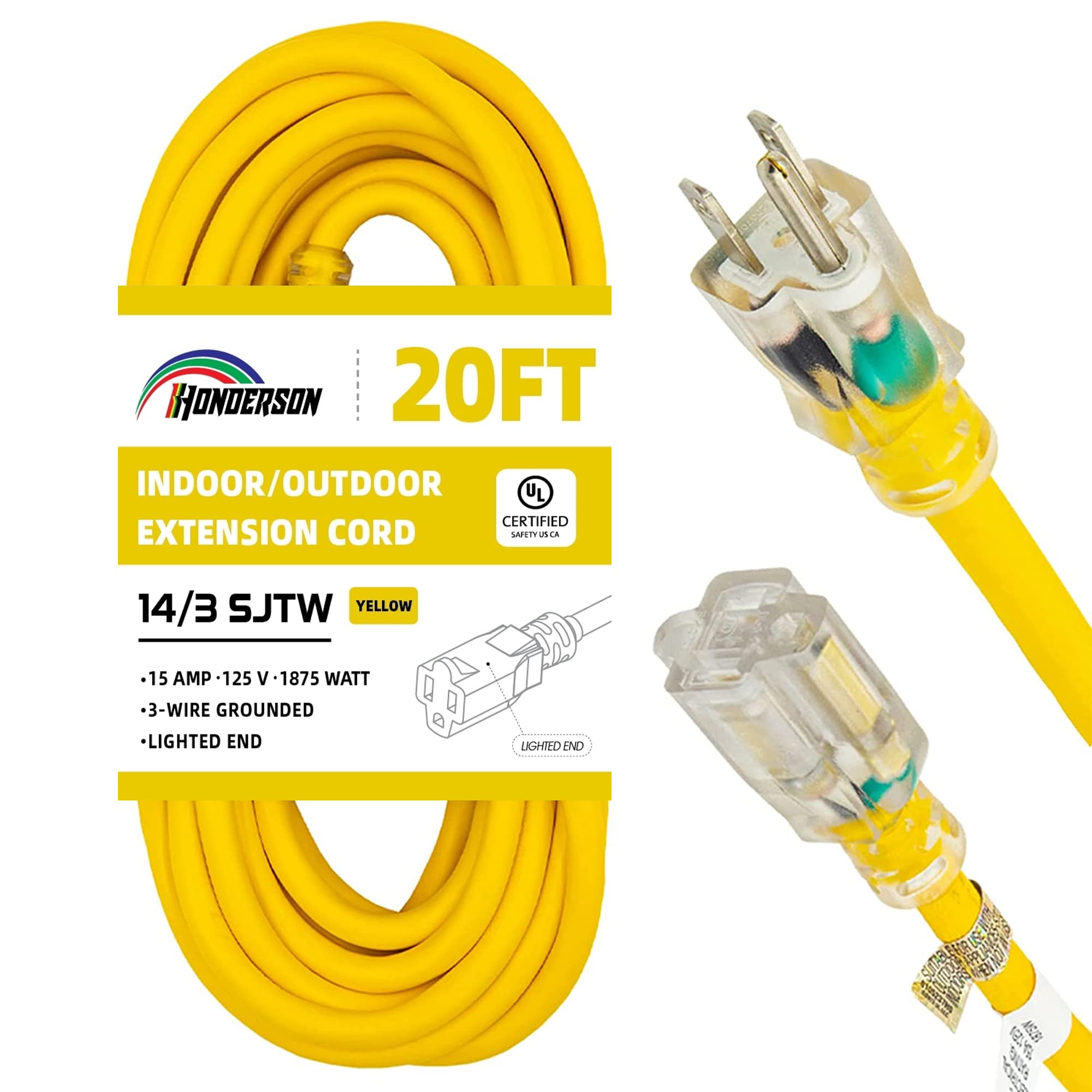 14 Gauge 20FT Heavy Duty Extension Cord - Weatherproof Indoor/Outdoor Power Cord with Lighted End, UL Listed, Yellow 3 Prong SJTW 15A - Perfect for Outdoor Lights, Lawn Equipment, Workshops & Home Appliances