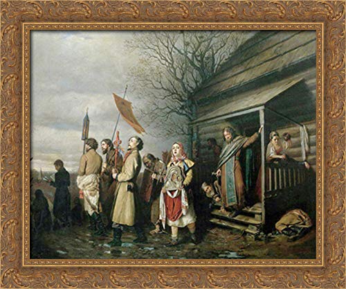 Vasily Perov Easter Procession in a Village 24x20 Gold Ornate Wood Framed Canvas Art - Religious Wall Decor for Living Room, Church & Easter Home Decoration