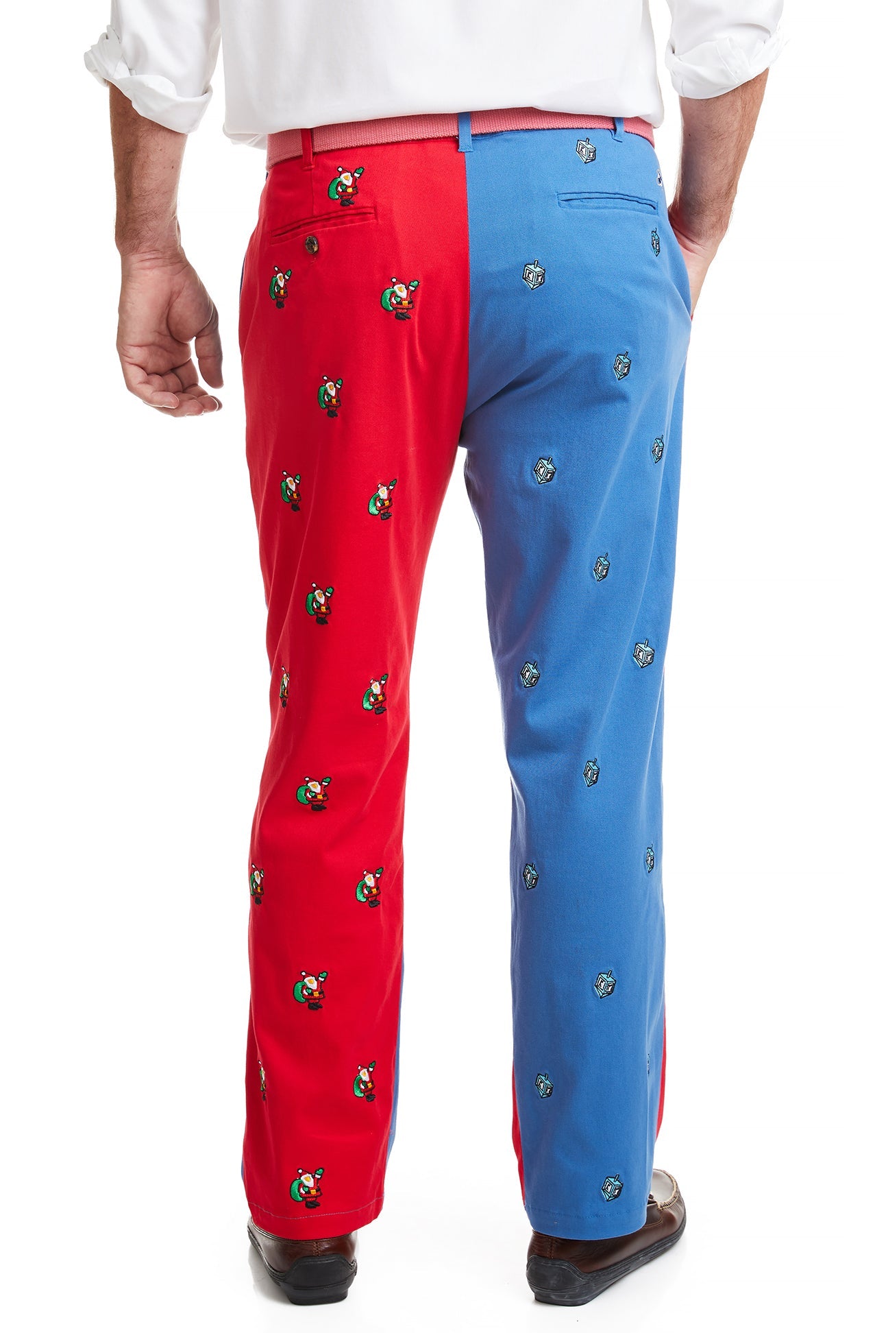 Stylish Harbor Pant in Deep Ocean Blue & Bright Red with Dreidel & Santa Design - Perfect for Hanukkah & Christmas Celebrations