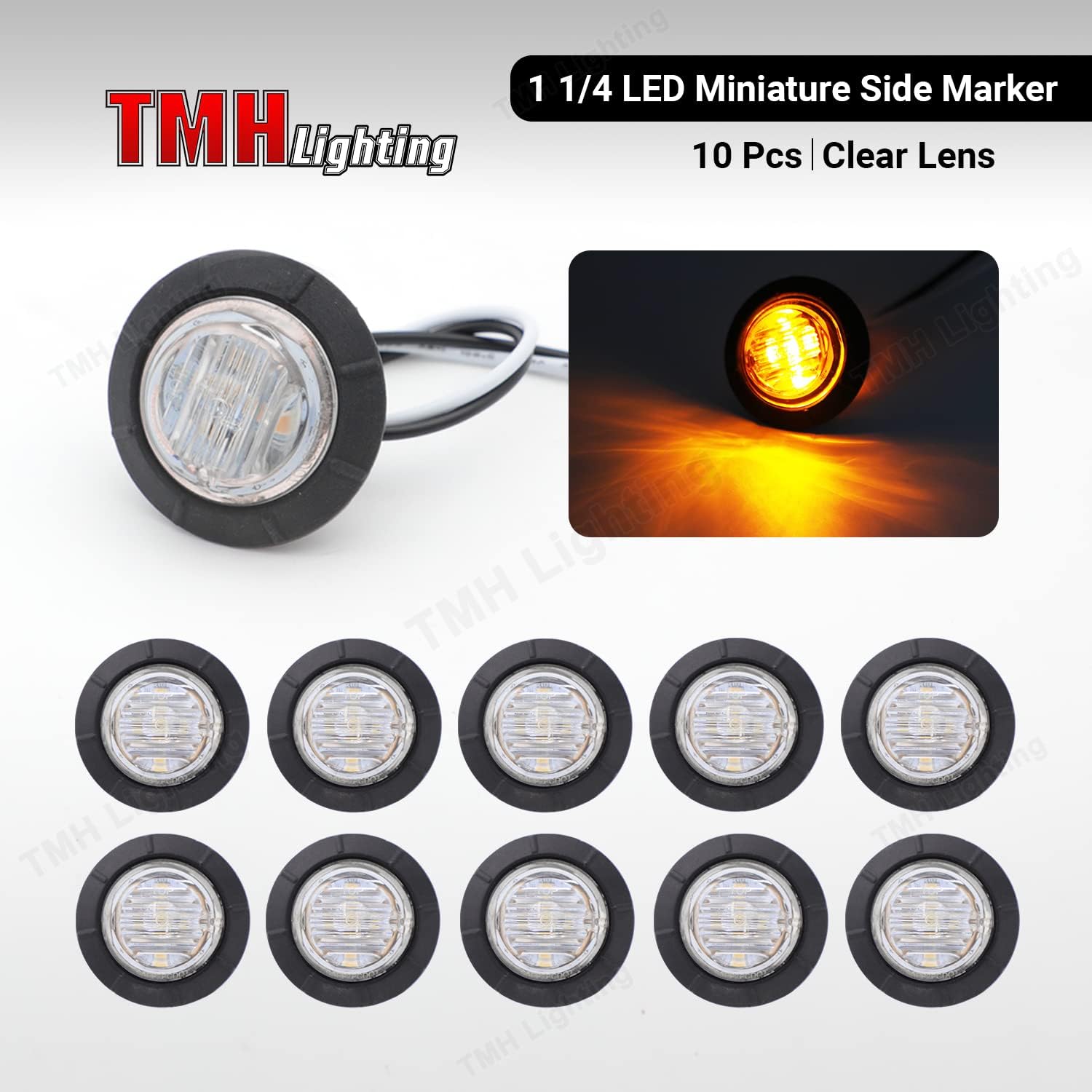 TMH 1-1/4 Inch Round 6 LED Bullet Clear Lens Amber Side Marker Lights - 12V DC Indicator & Clearance Lights for Trucks, Trailers, RVs, Buses, Mack, Dump Trucks & Pickups (10 Pack) - Perfect for Road Safety & Nighttime Visibility