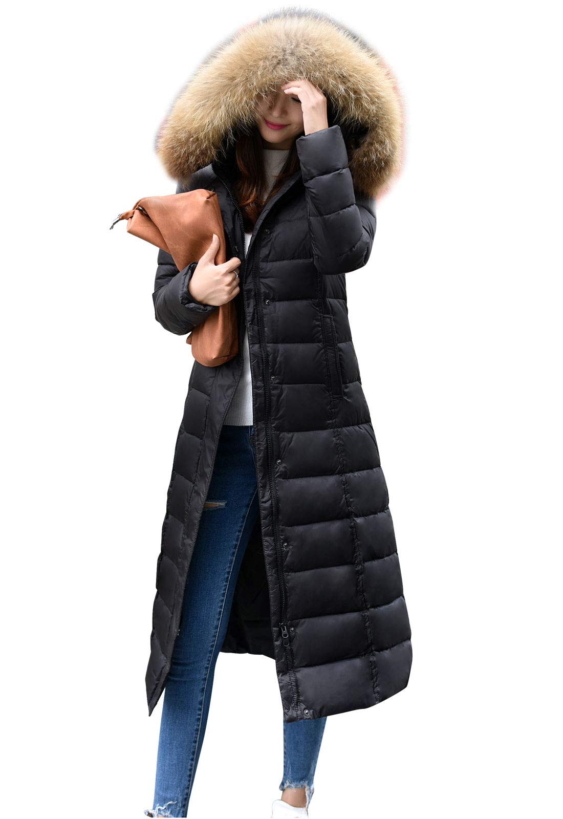 Flygo Women's Thick Winter Hooded Long Down Coat with Removable Faux Fur Collar - Warm Parka Jacket for Cold Weather, Snow, Outdoor Activities