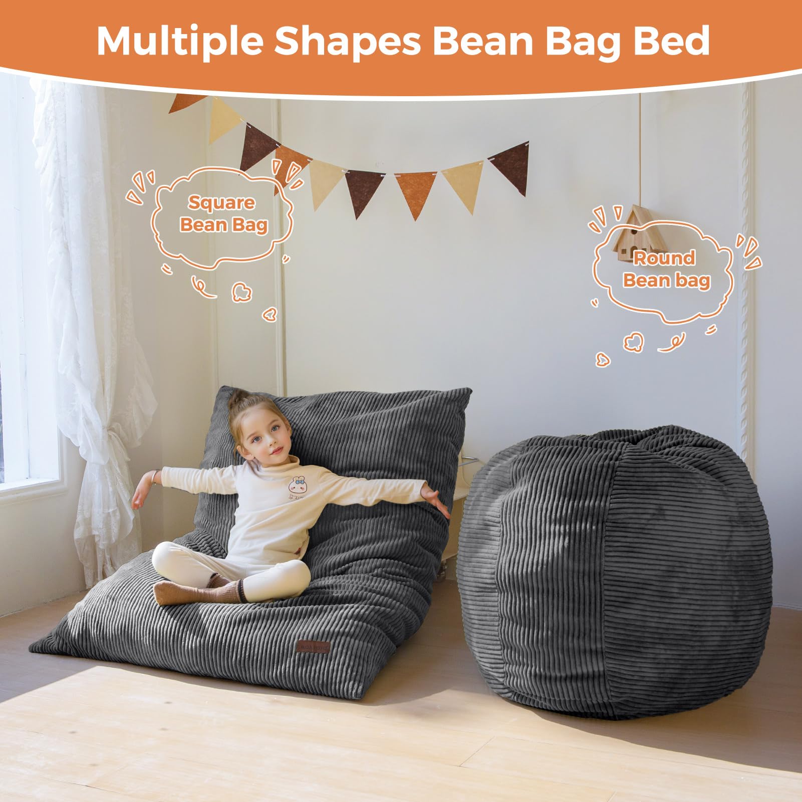 MAXYOYO 3-in-1 Convertible Kids Bean Bag Chair & Bed - Corduroy Round Floor Sofa for Children's Room, Gaming & Reading - Dark Grey - Perfect for Playrooms, Bedrooms & Dorm Rooms