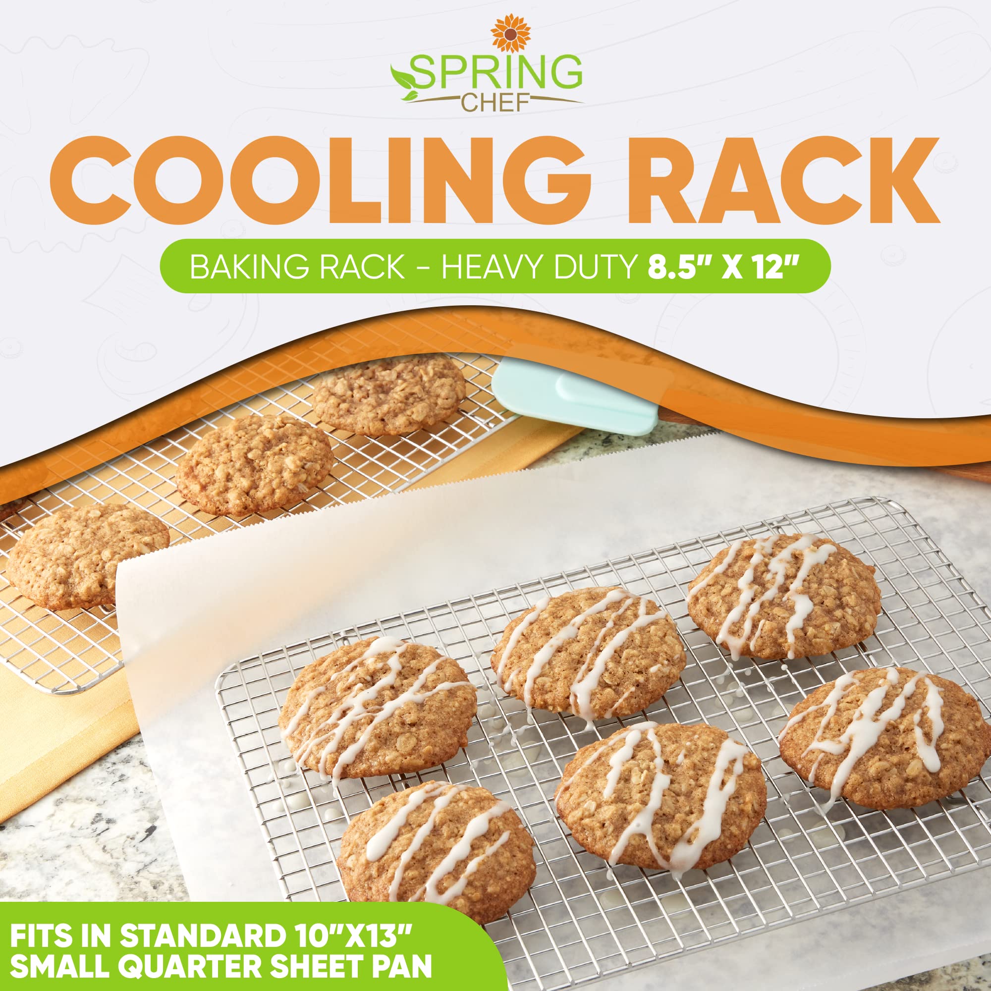 Spring Chef 8.5 x 12 Inch Stainless Steel Cooling Rack for Baking Cookies, Cakes & Bread - Oven Safe Wire Rack for Quarter Sheet Pans - Dishwasher Safe Baking Accessory - Perfect for Home Bakers & Professional Kitchens