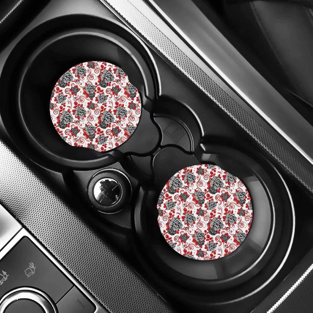 GIFTPUZZ 2-Pack Red Roses Print Car Coasters - Non-Slip Rubber Bottom, Absorbent Cup Holder Mats (2.75 Inch Round) - Stylish Abstract Design for Women & Girls - Perfect for Coffee, Drinks & Car Interior Decor