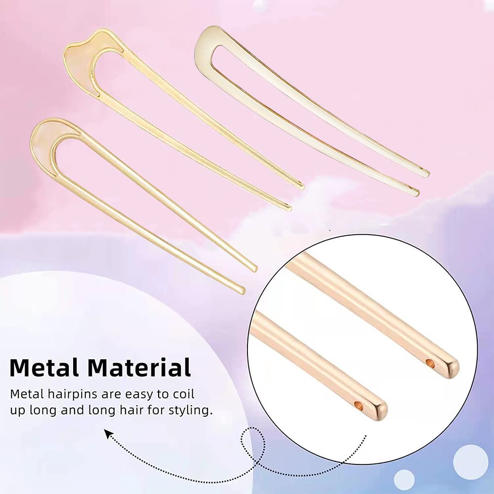 3 Pack Gold U-Shaped Hair Pins for Women - French Bun & Chignon Styling