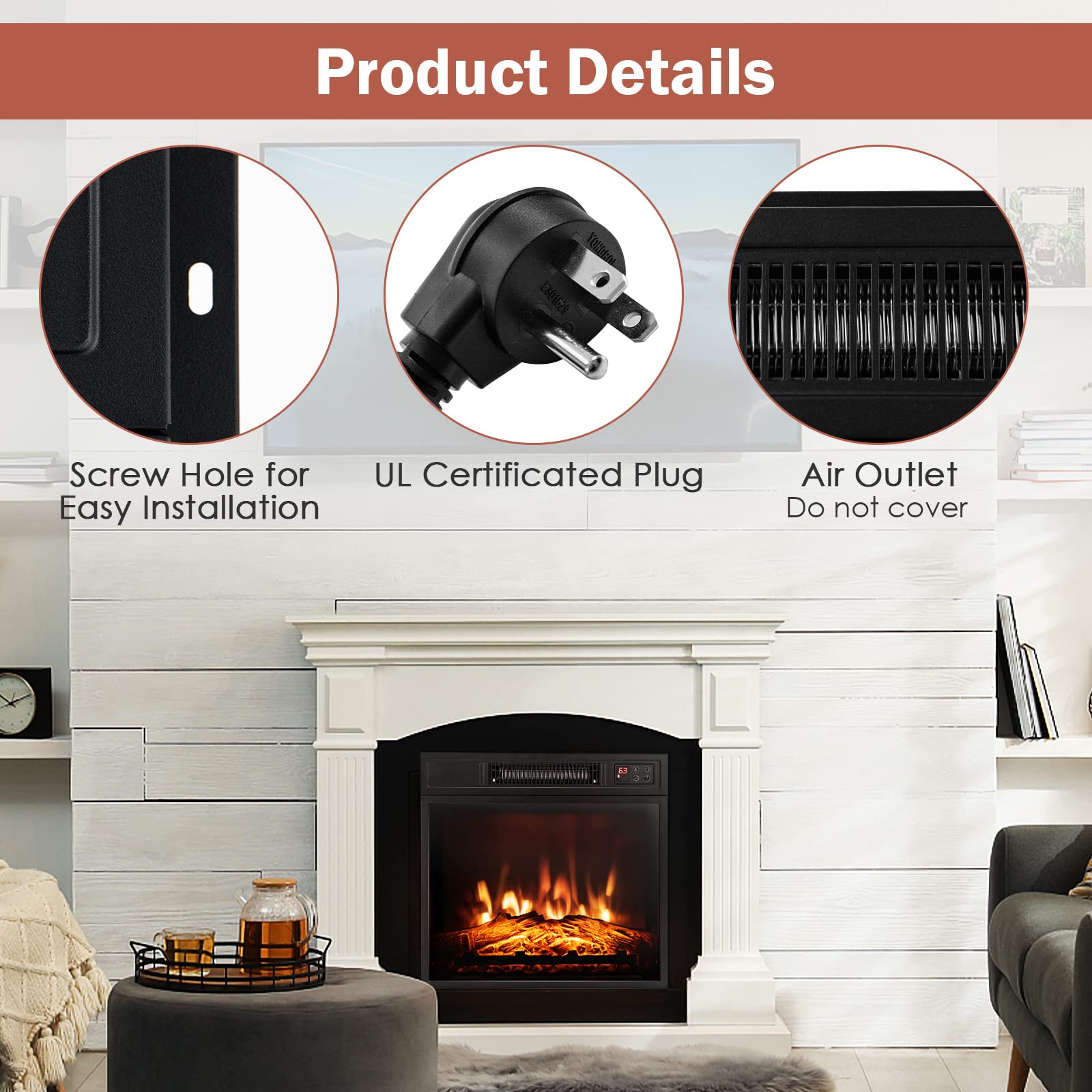 COSTWAY 18-inch Electric Fireplace Insert - 1400W Recessed Fireplace Heater with Remote Control, 3 LED Flame Effects & 6H Timer - Indoor Wall Mount or Freestanding Fireplace for Bedroom, Living Room, Home Office - Black (Perfect for Winter Heating & Cozy Ambiance)