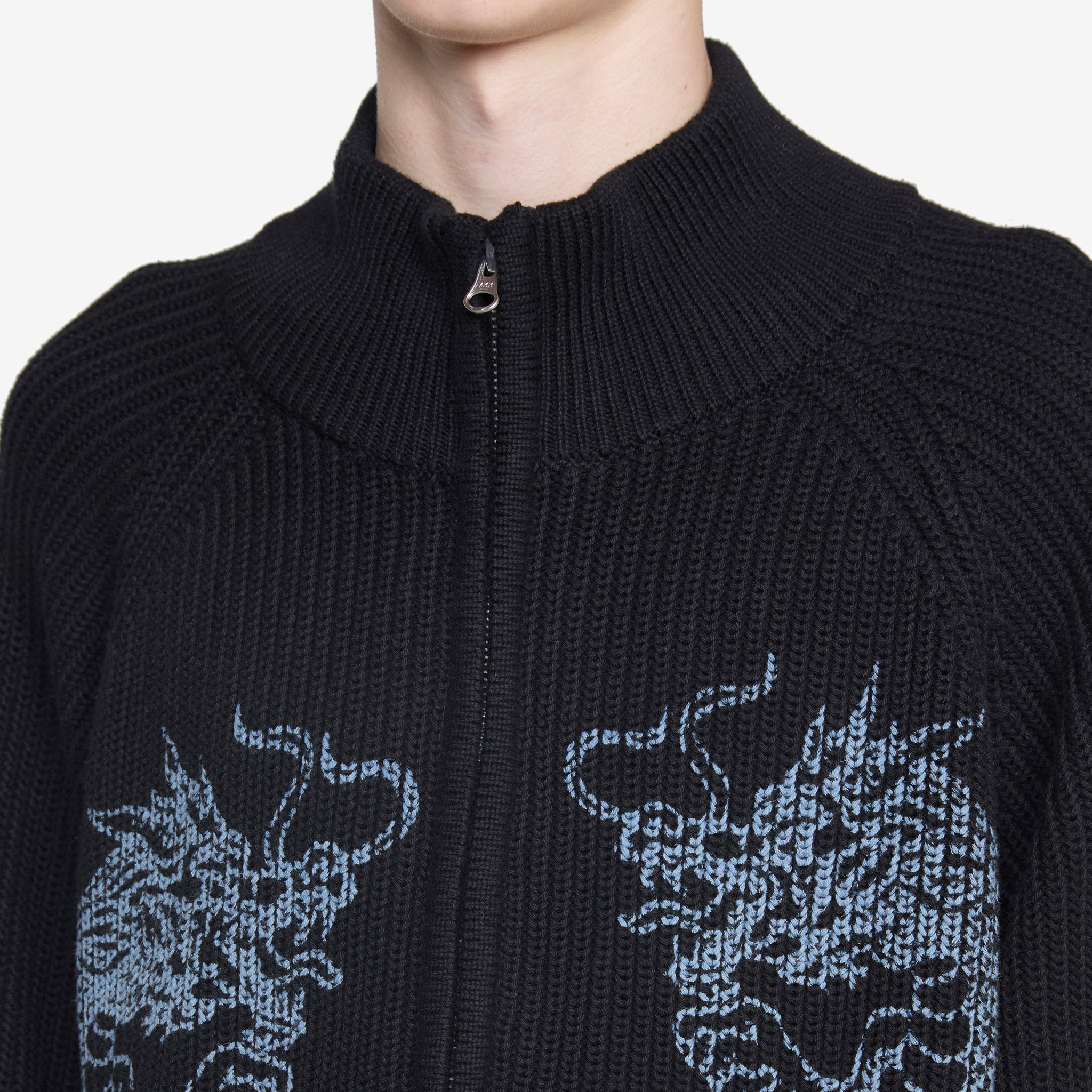 Dragon Zip Thru Knit Sweater for Men & Women - Black Pullover Hoodie with Full Zipper - Cozy Winter Fashion for Casual Wear & Outdoor Activities