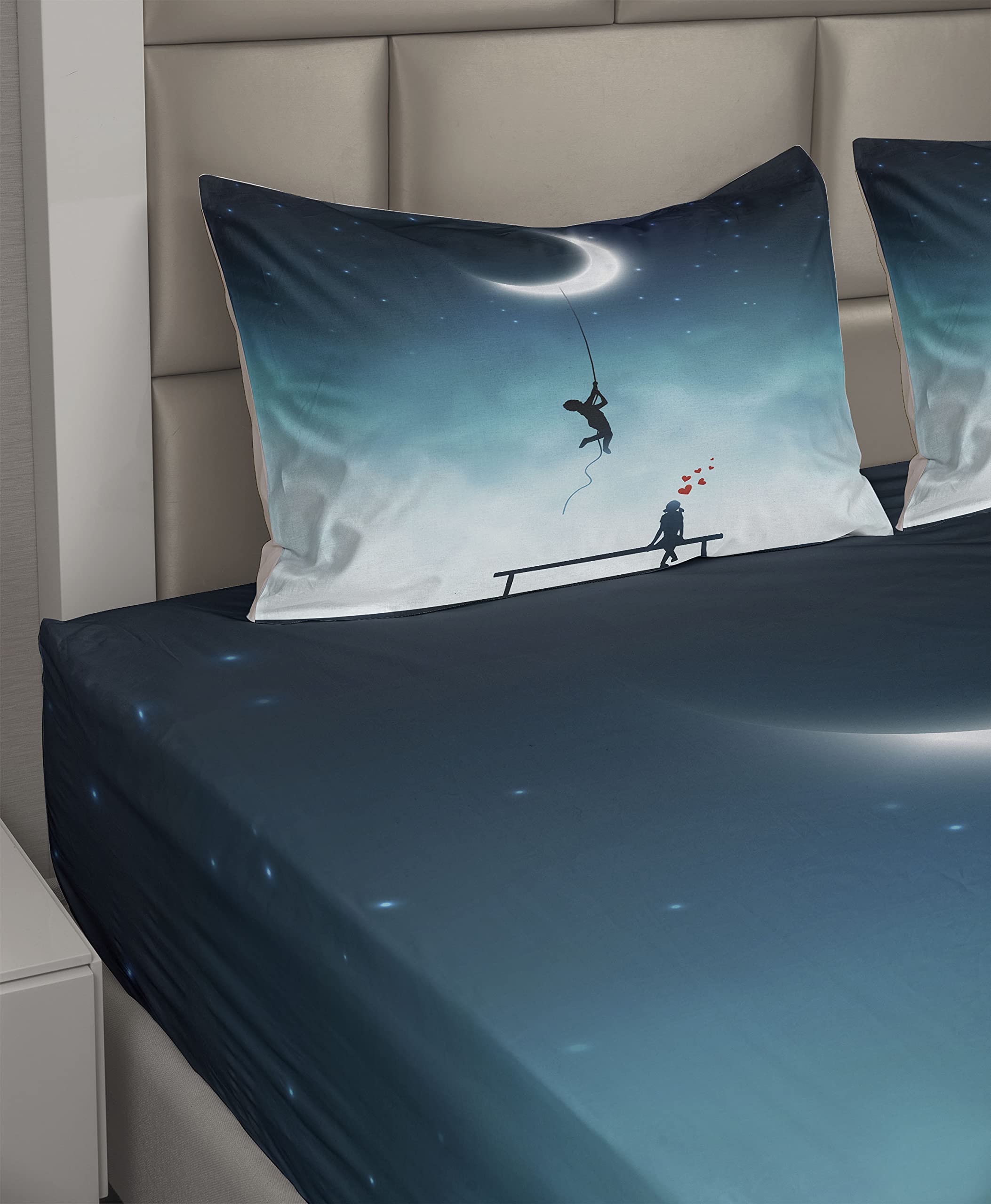 Ambesonne Fantasy Bed Sheet Set 4-Piece - King Size, Teal & White, Fitted & Flat Sheets with Pillowcases - Romantic Moon Climbing Boy & Bench Girl Art Design - Perfect for Couples' Bedrooms, Guest Rooms & Cozy Home Decor
