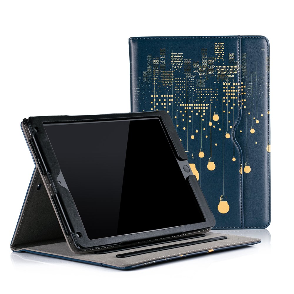 RUBAN Protective Case for iPad 9.7 Inch (2018/2017), iPad Air 2 & iPad Air 1 - Multi-Angle Stand Folio Cover with Auto Wake/Sleep, Corner Protection & Storage Pocket (City Night View) - Perfect for Work, Travel & Home Use