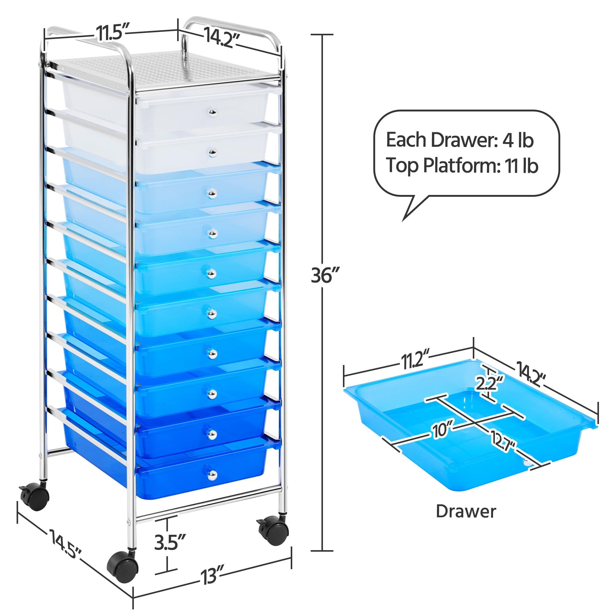 Topeakmart 10-Drawer Rolling Storage Cart - Plastic Utility Organizer with Wheels, Blue Gradient - Perfect for Home, Office, Garage & Craft Room Organization