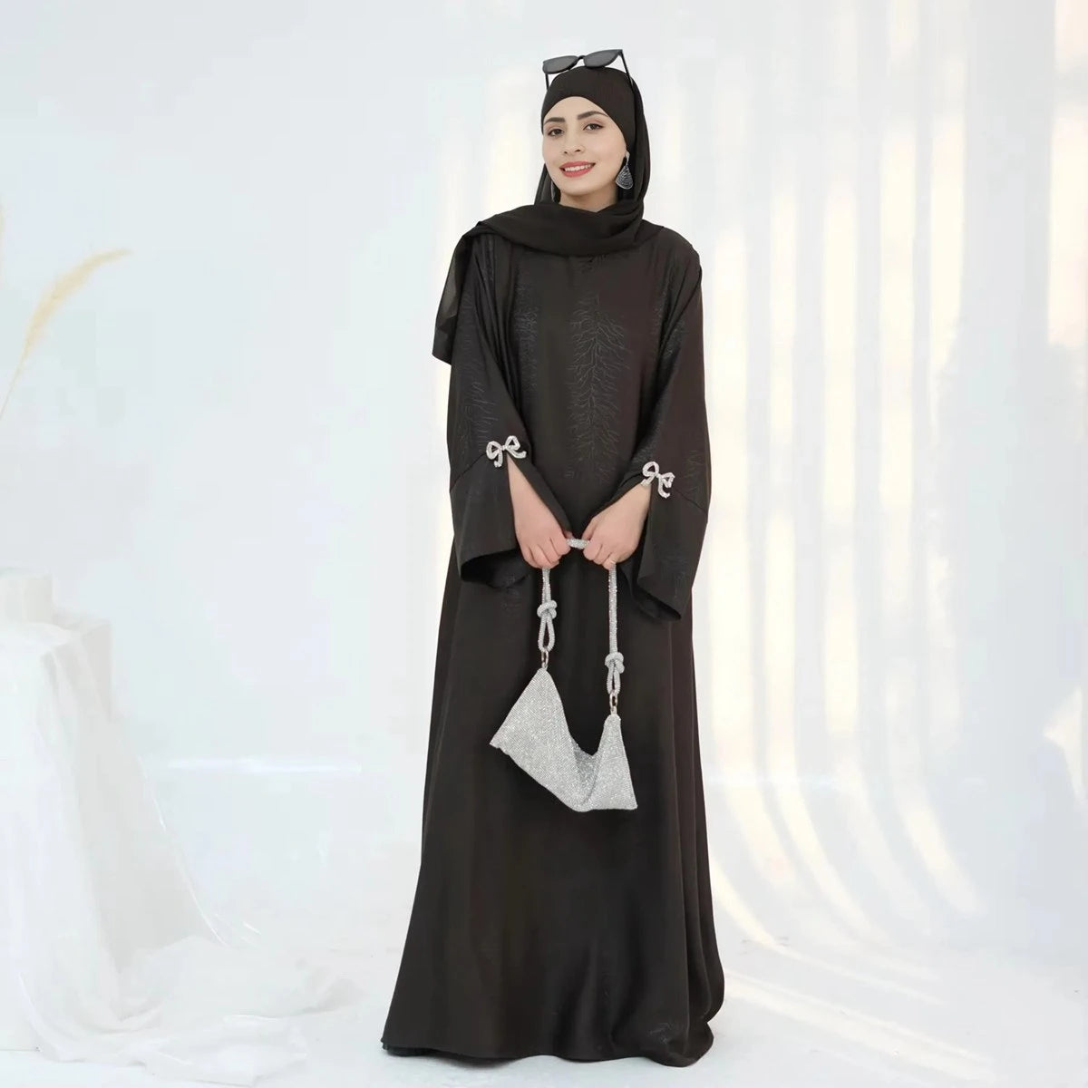 Elegant Jacquard Satin Bow Abaya Dress #25006 - Modest Muslim Women's Prayer Dress for Special Occasions & Daily Wear