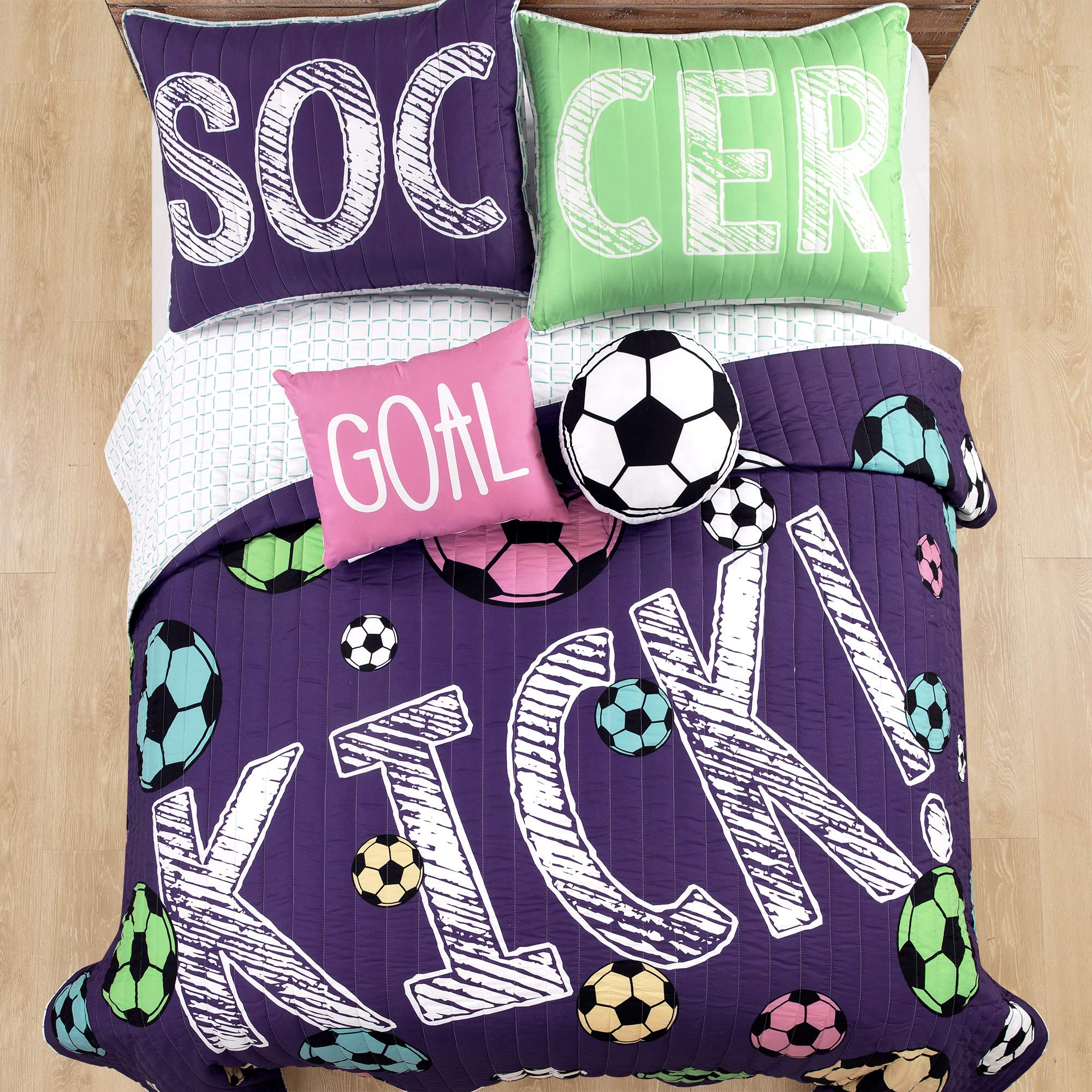 Lush Decor Girls Soccer Bedding Set - 5 Piece Full/Queen Reversible Comforter Quilt with 2 Pillow Shams & 2 Accent Pillows - Purple - Perfect for Kids' Bedrooms, Teen Rooms & Sports-Themed Decor