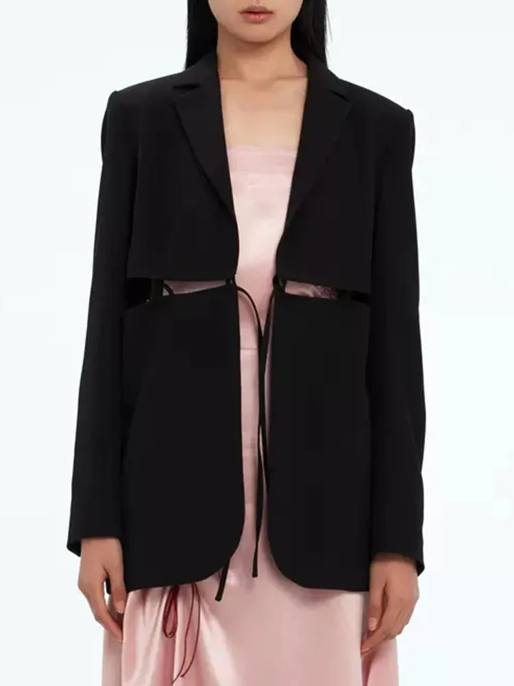 Women's Bandage Blazer - Notched Collar Long Sleeve Solid Minimalist Jacket | Office Wear, Business Casual & Formal Outfits