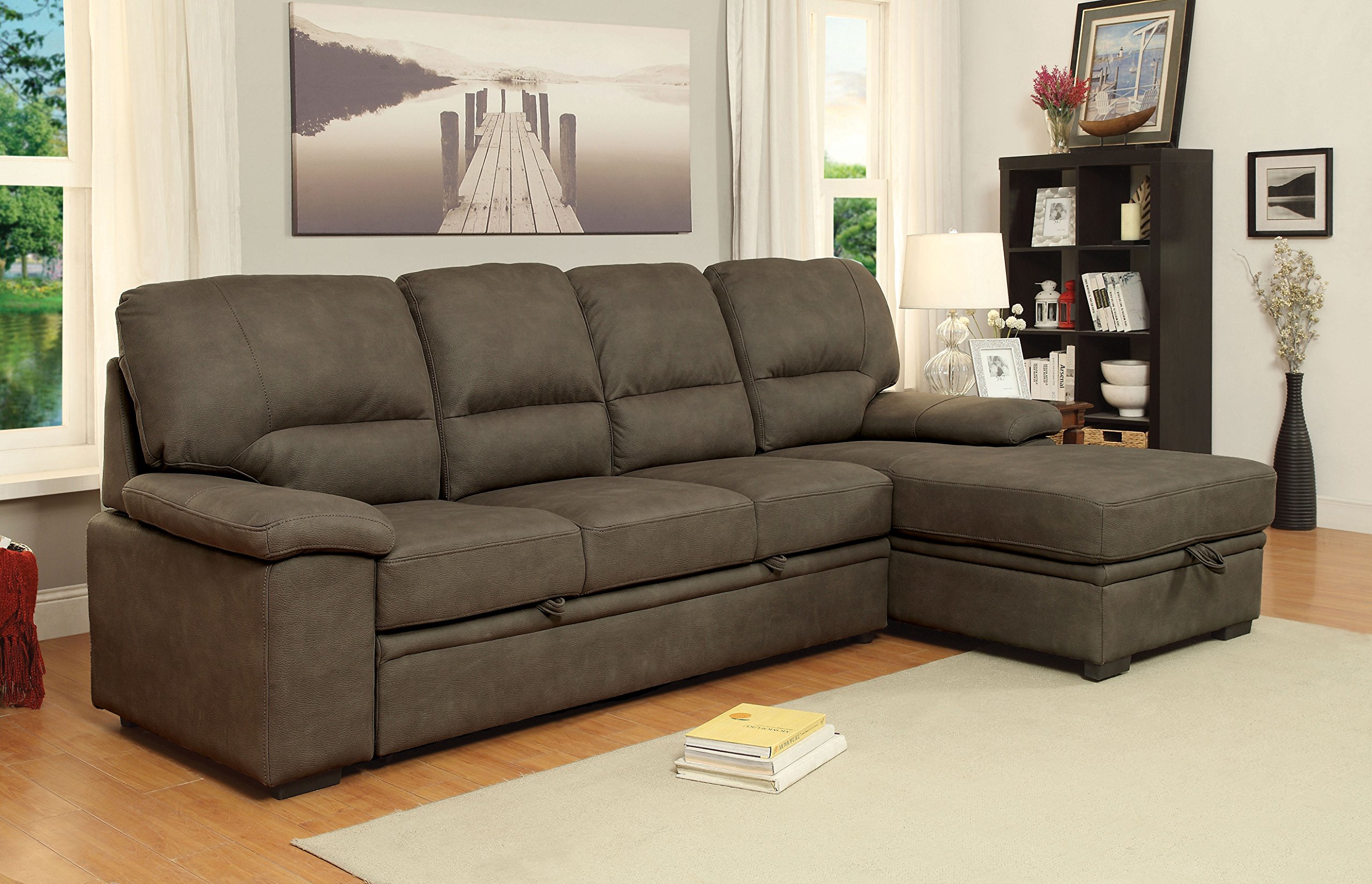 Canby Contemporary Sectional Sofa with Sleeper & Chaise in Ash Brown - Modern Living Room Furniture by Furniture of America | Perfect for Small Spaces, Apartments & Family Gatherings