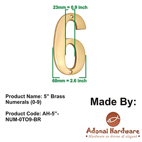 Adonai Hardware 5 Inch Brass House Numbers - 6 Inch Tall Modern Address Plaque for Front Door, Mailbox & Porch - Weatherproof Metal Numbers for Outdoor Home Decor