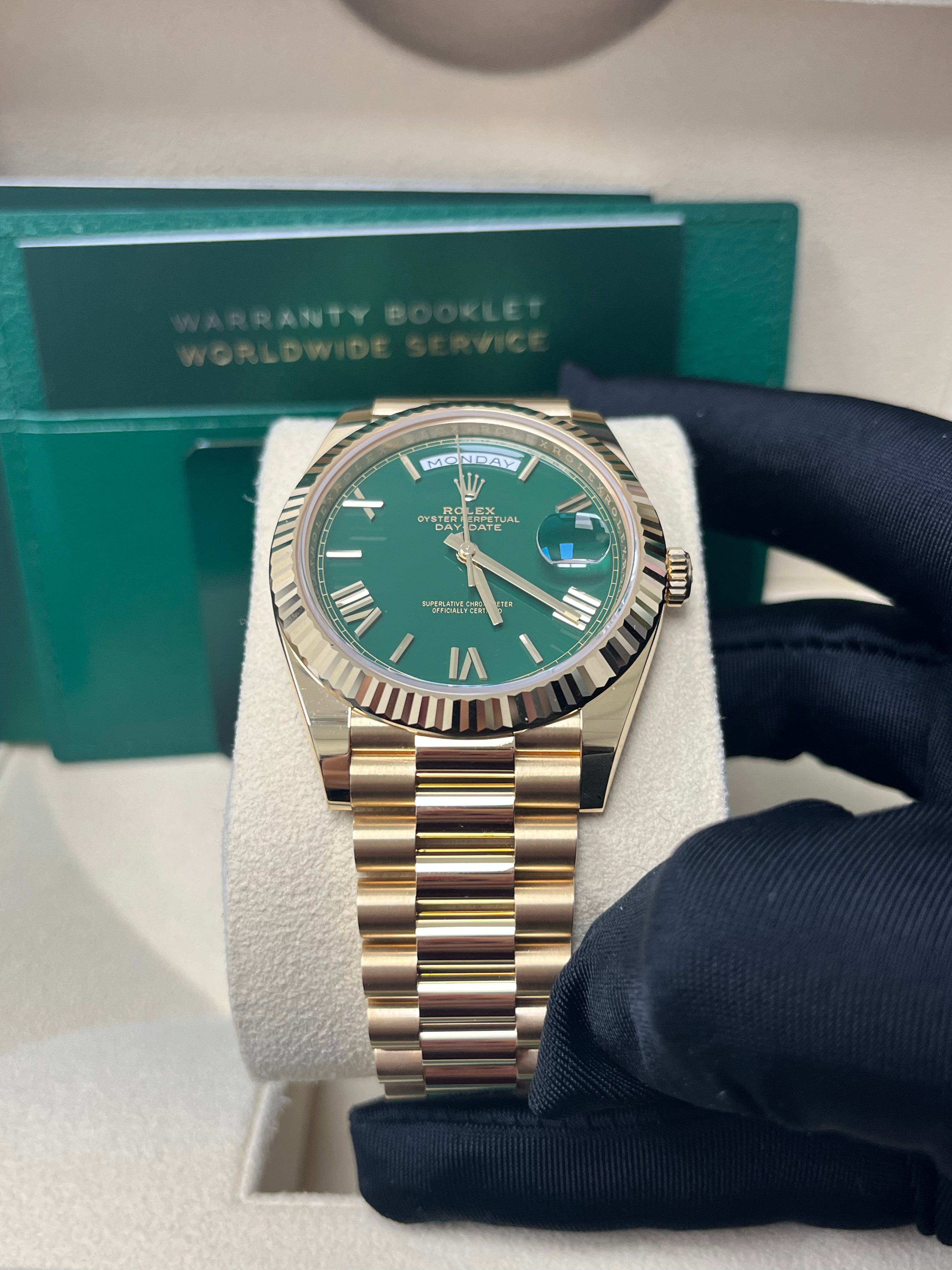 Rolex Day Date 40mm Men's Watch - 18K Yellow Gold Case, Green Roman Dial (Model 228238) | Luxury Dress Watch for Business & Formal Occasions