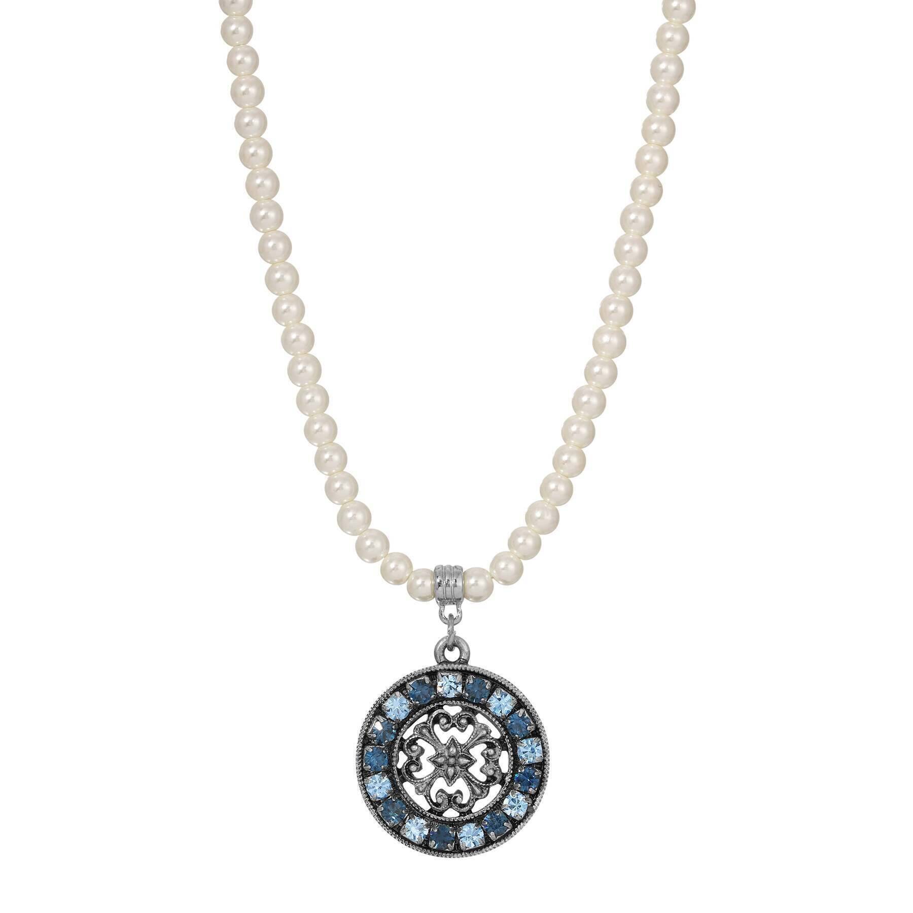 1928 Jewelry 4mm Faux Pearl Strand Necklace with Hanauma Filigree Crystal Pendant - 15