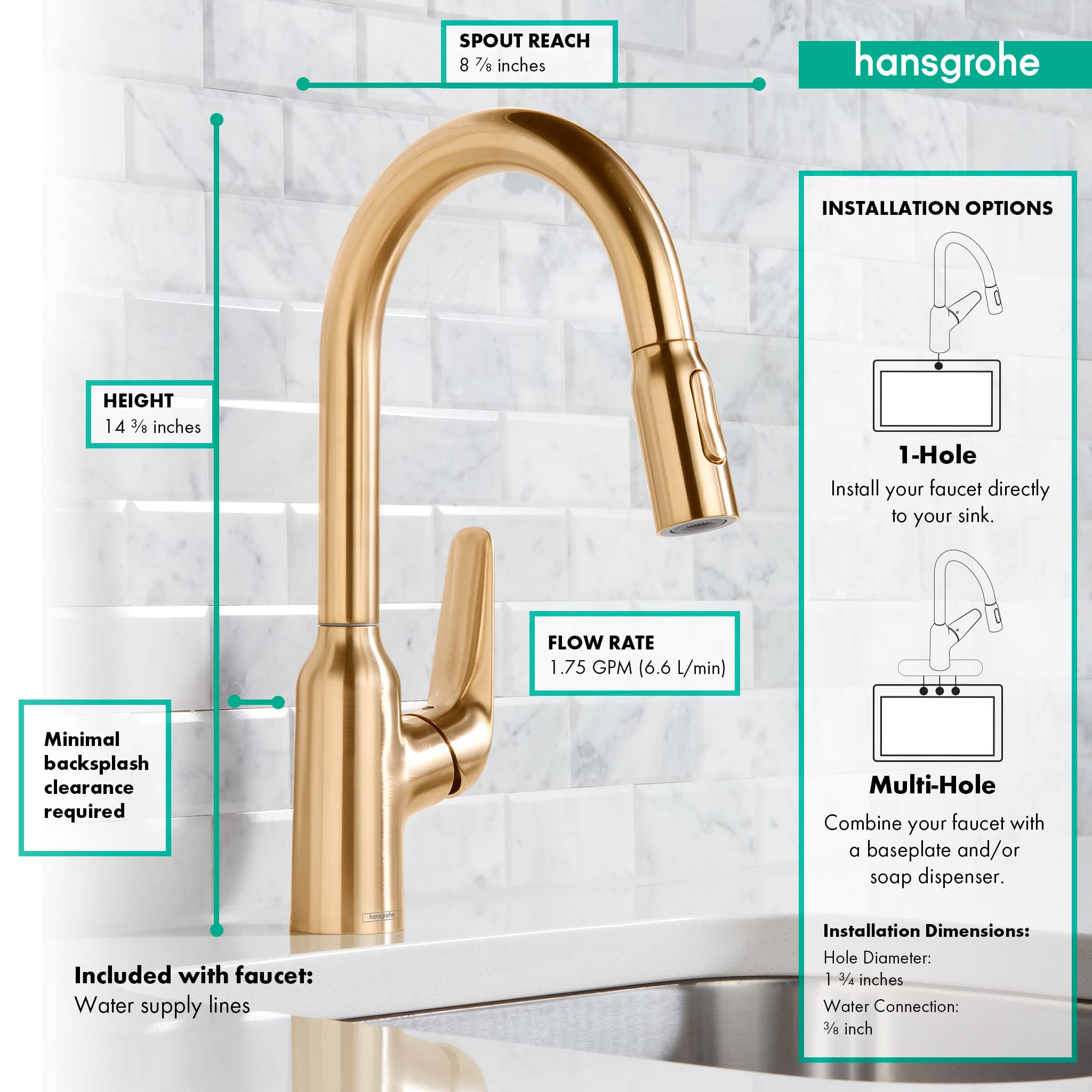 Hansgrohe Focus N Gold Bar Kitchen Faucet with Pull Down Sprayer - Brushed Gold Finish (Model 71801251) - Perfect for Modern Kitchens, Bar Sinks & Food Prep Stations