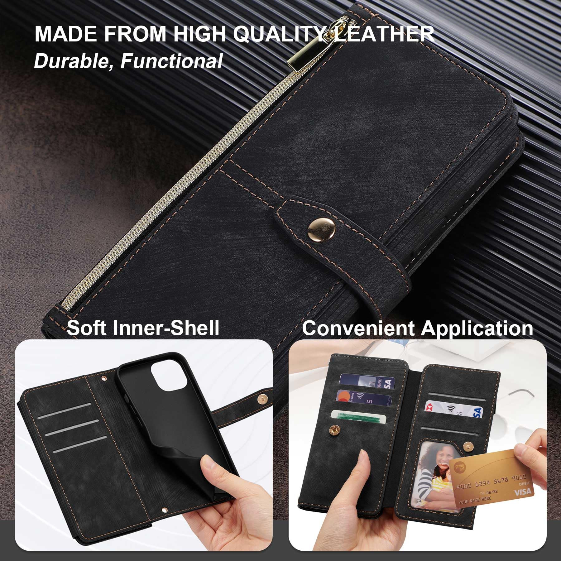 Premium Zipper Leather Wallet Case for iPhone X/Xs with Wrist Strap - RFID Blocking Flip Cover for Cards & Cash (Black) | Perfect for Travel, Shopping & Everyday Use