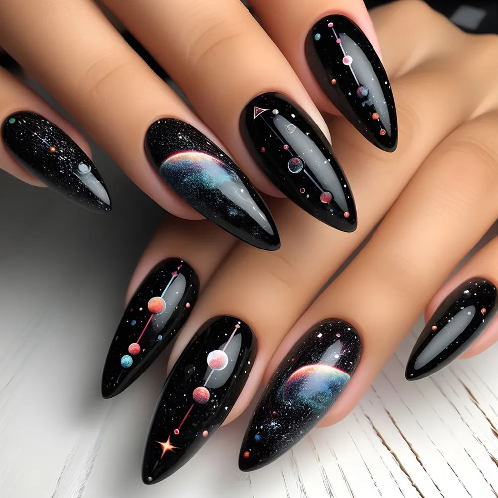 24Pcs Black French Fake Nails - Nebula Gradient Space Design Almond Press on False Nails for Women - Medium Length Glamorous Nail Tips for Party, Wedding, Date Night & Special Occasions