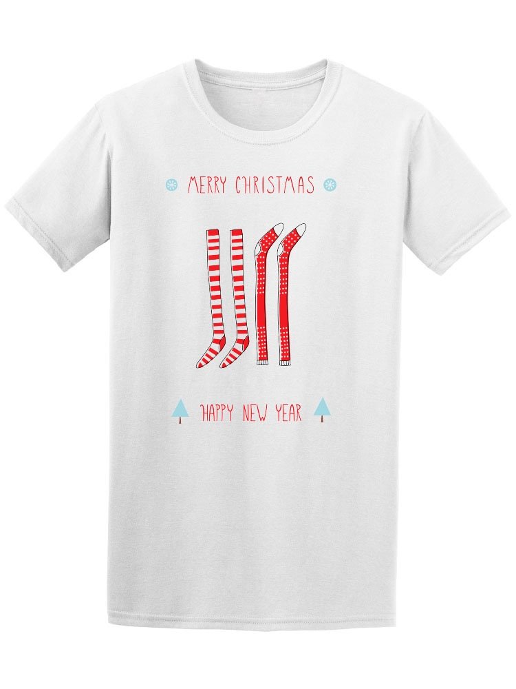 Merry Christmas Happy New Year Stockings Graphic T-Shirt for Men - Festive Holiday Party Outfit & Casual Wear
