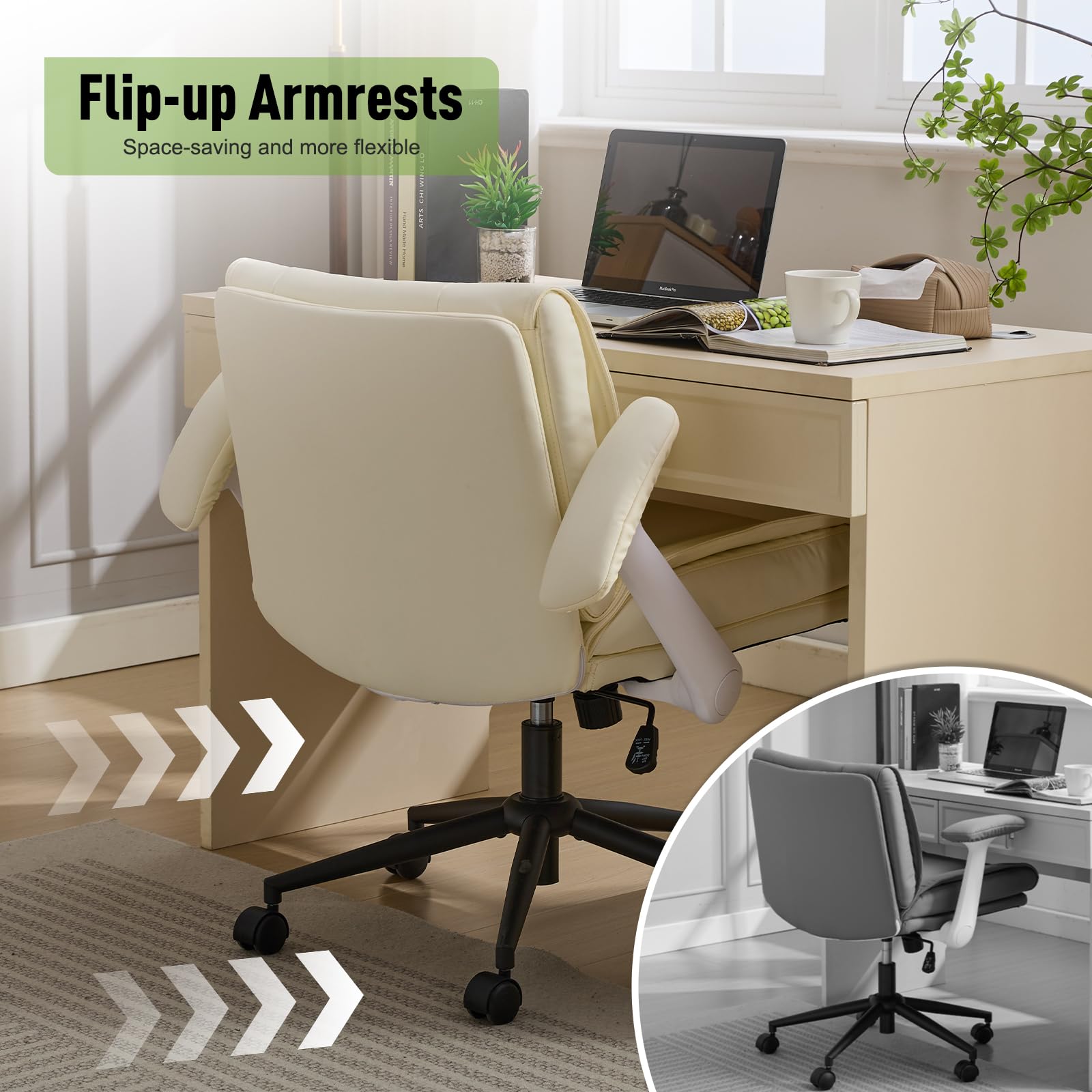 Ergonomic Criss Cross Chair with Flip-Up Armrests - Adjustable Leather Swivel Office Chair on Wheels, Wide Seat Comfort for Home Office, Vanity or Study - Perfect for Cross-Legged Sitting & Workspace Decor in Beige
