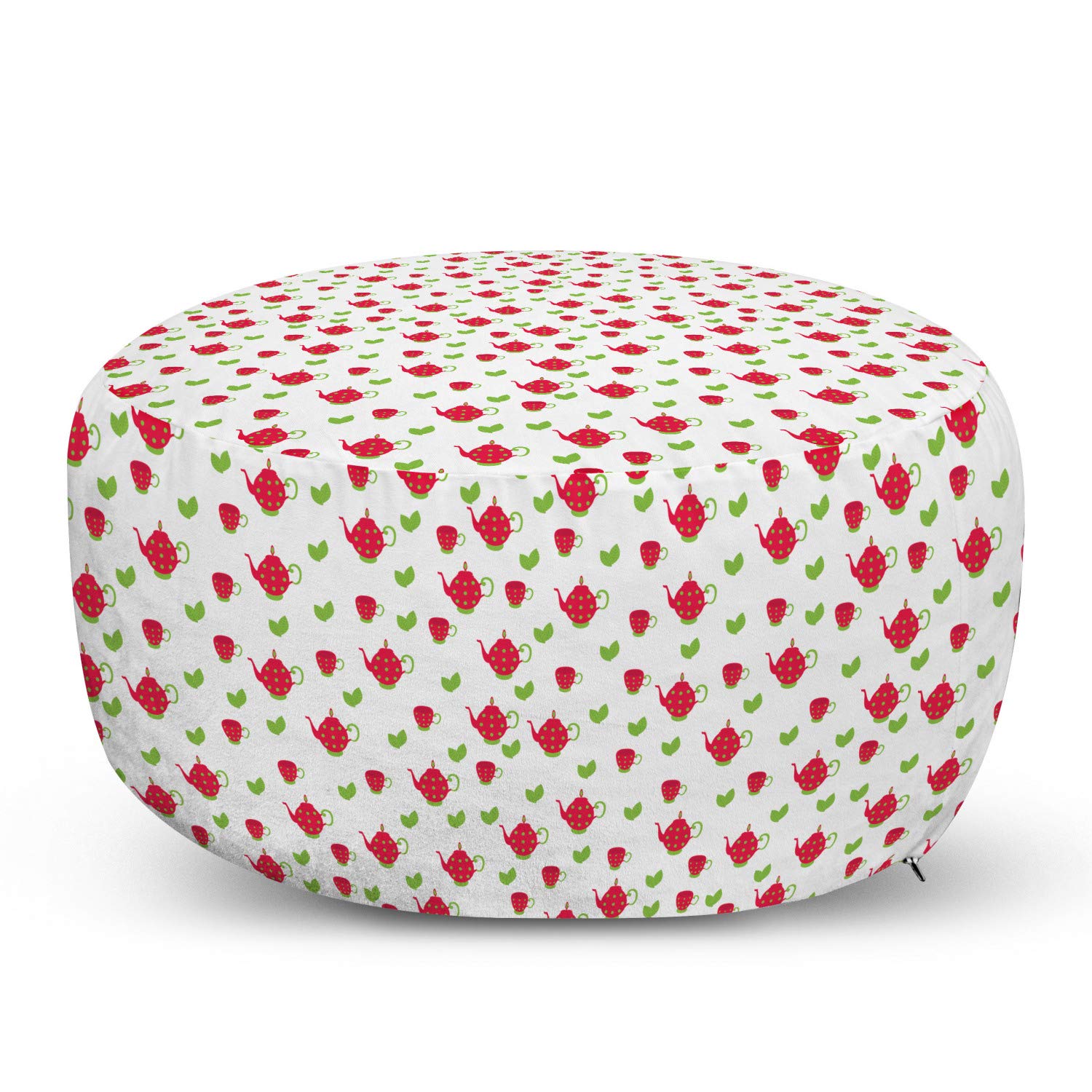 Ambesonne Tea Party Ottoman Pouf - Decorative Foot Rest with Removable Cover, British Tea Time Design Featuring Teapots, Polka Dots & Leaves - Perfect for Living Room, Bedroom & Reading Nook - Dark Coral Green