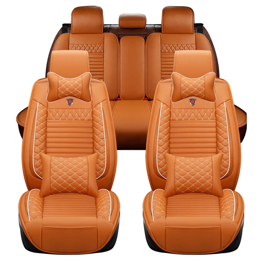 Premium Genuine Leather Car Seat Covers for VW Golf MK6 - Waterproof, Scratch-Resistant, Non-Slip Seat Protectors with Airbag Compatibility (Full Set, Orange) - Perfect for Daily Commuting, Road Trips & Luxury Car Interior Protection