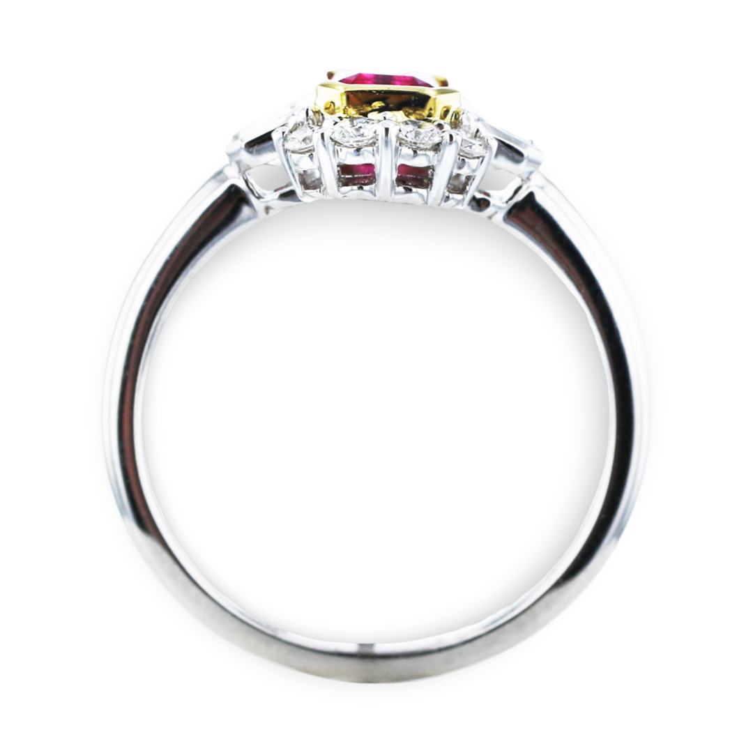 JULEVE Platinum & Gold 0.44ct Red Emerald & 0.46ctw Diamond 3-Stone Engagement Ring for Women - Perfect for Weddings, Anniversaries & Special Occasions