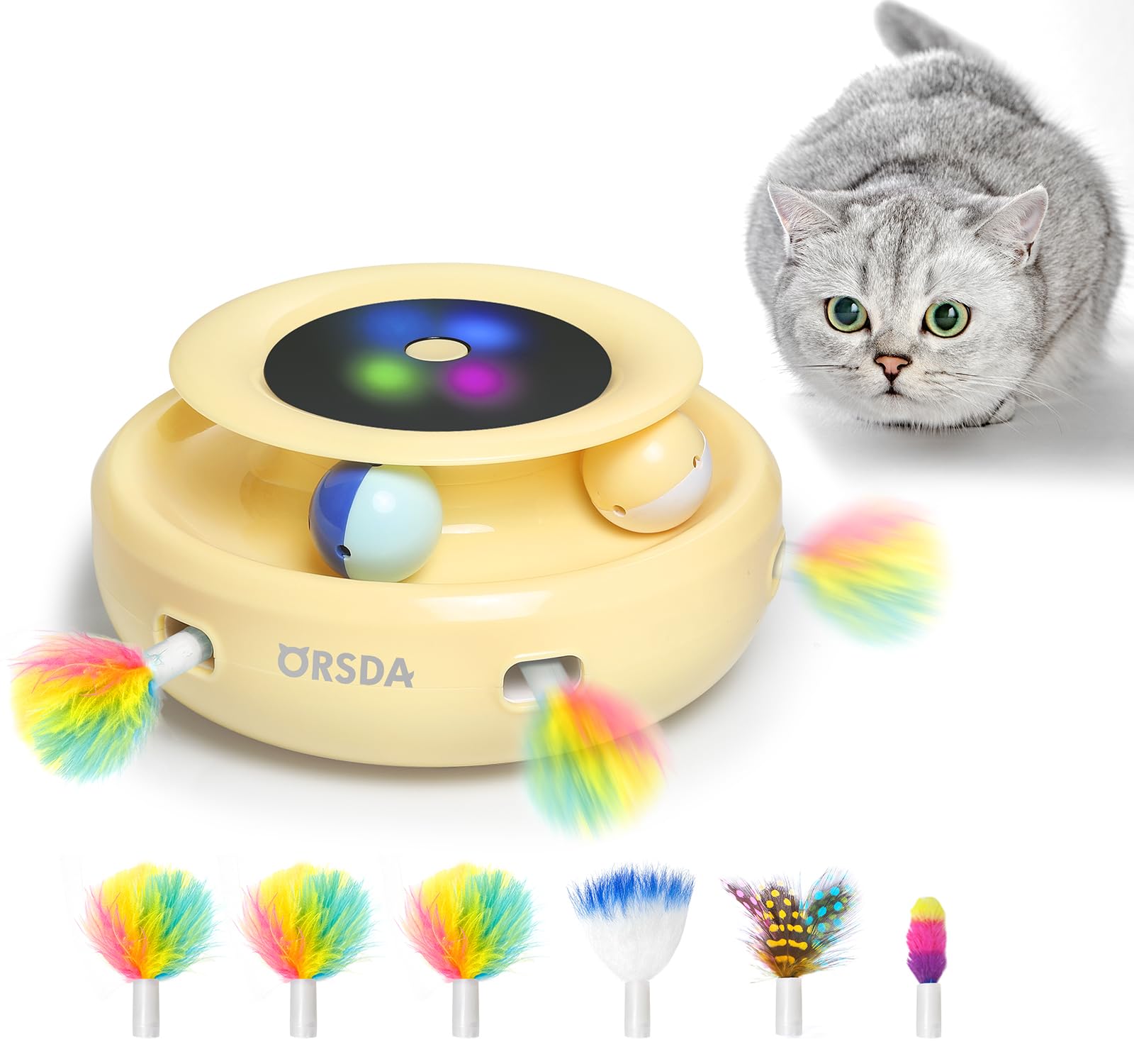 ORSDA 2-in-1 Interactive Cat Toys for Indoor Cats - Automatic Cat Toy Balls with Ambush Feather, 6pcs Feathers, Dual Power, Adjustable Speed, Auto On/Off - Perfect for Playtime and Exercise