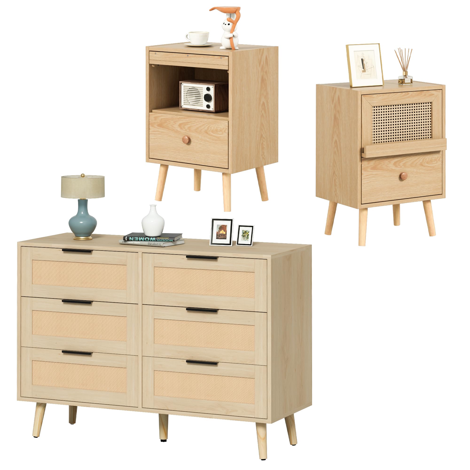Anbuy 6-Drawer Dresser and Nightstand Set for Bedroom - 3-Piece Wooden Storage Combo (2 Nightstands & 1 Dresser) in Natural Finish - Perfect for Master Bedroom, Guest Room & Apartment Organization