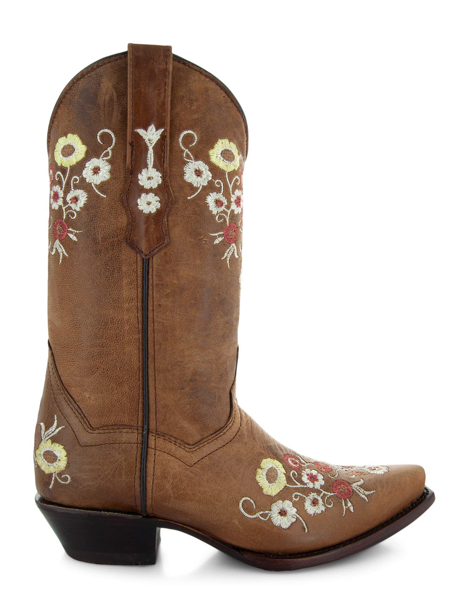Soto Boots Women's Showstopper Snipped Toe Floral Cowgirl Boots – Genuine Leather Handcrafted Western Boots for Women | M50044 Tan | Perfect for Country Dancing, Rodeos & Western Fashion