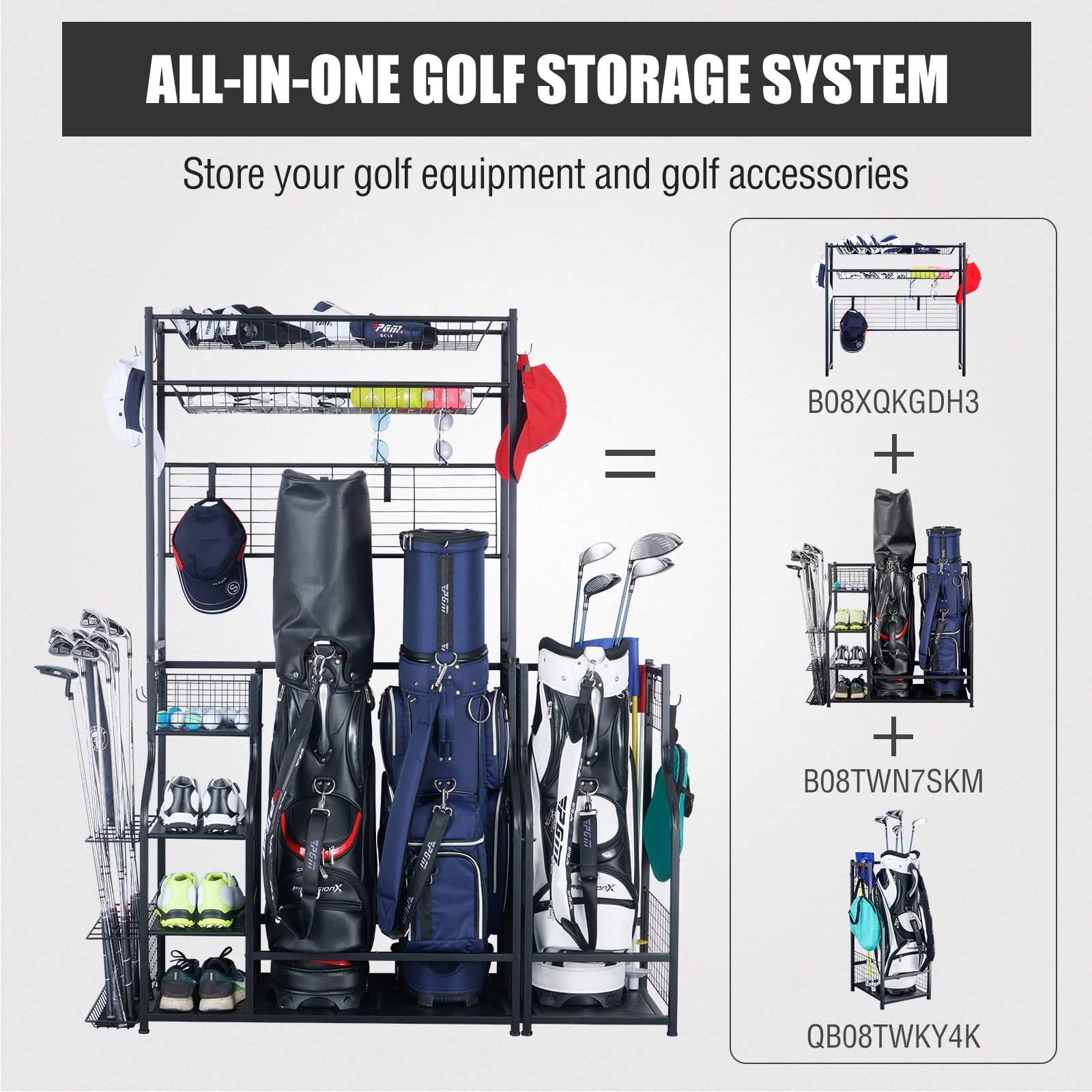 Mythinglogic Golf Bag Storage Stand - 2 Golf Bags Holder with 4 Removable Hooks & Accessories Organizer - Perfect for Garage, Basement, or Clubhouse Storage - Keep Golf Clubs & Equipment Neatly Displayed