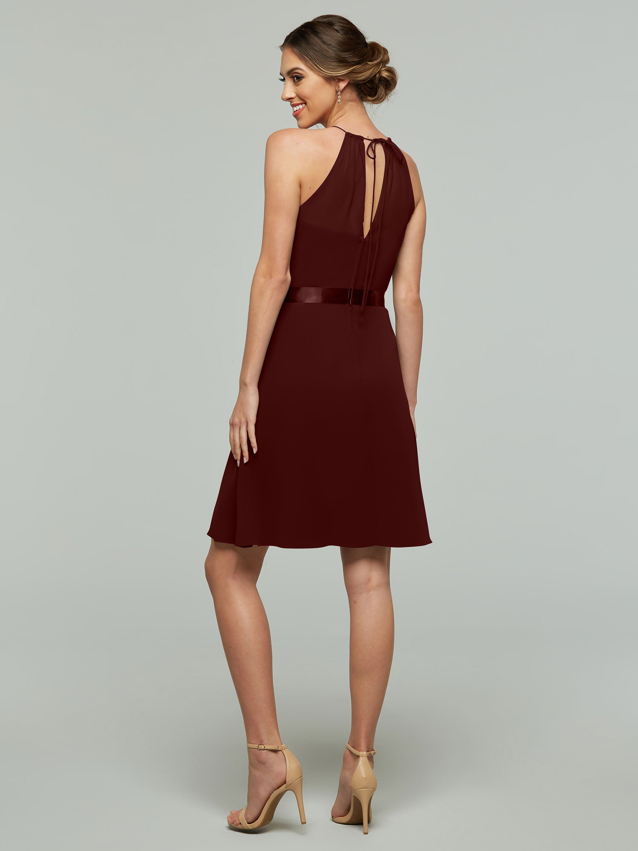 Elegant 80042 Knee-Length Chiffon Bridesmaid Dress with Halter Neckline & Keyhole Back - Perfect for Weddings, Formal Events & Special Occasions