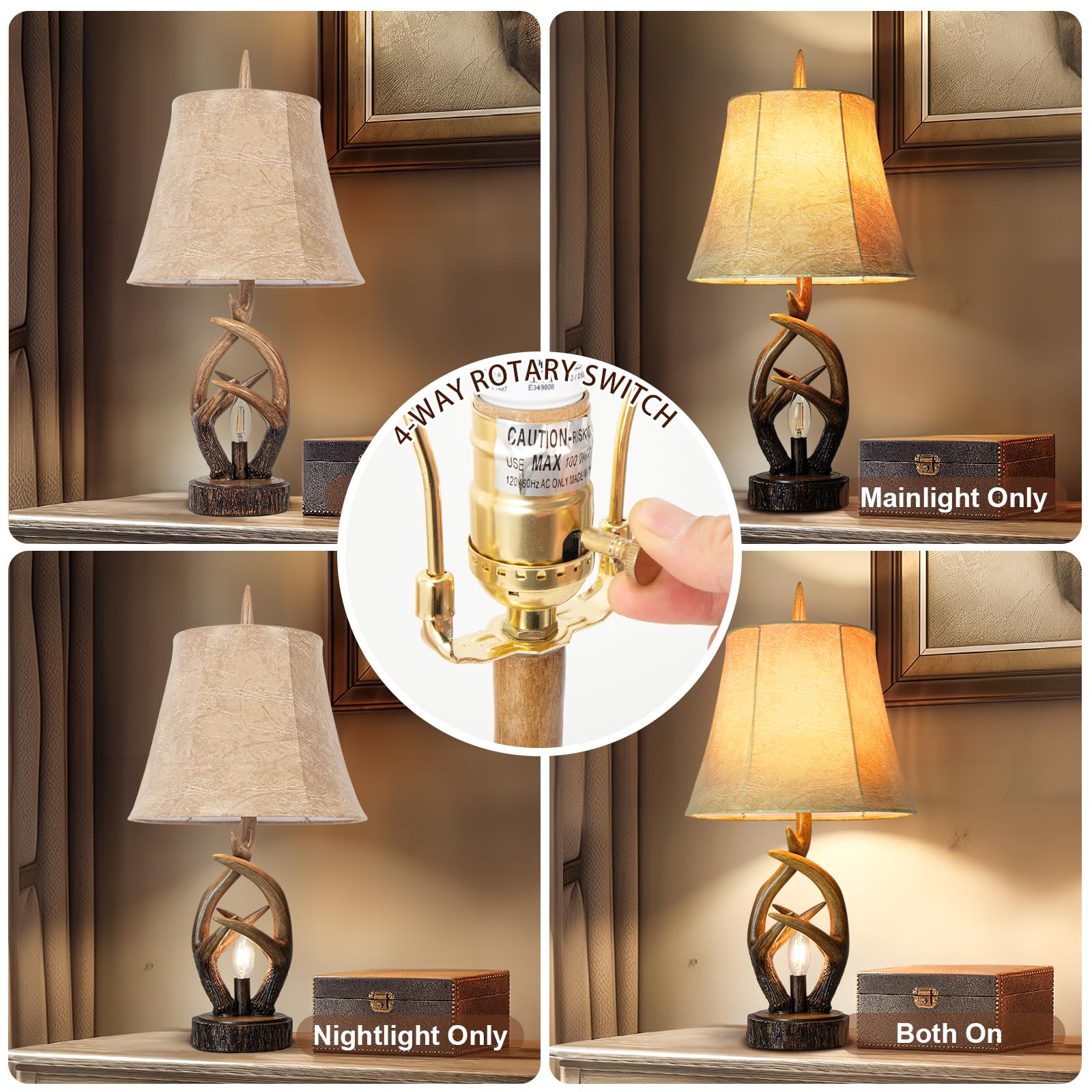 Rustic Farmhouse Antlers Nightstand Lamp Set of 2 - Brown Leather Shade with Dual USB Ports & Nightlight - Bedside Table Lamps for Living Room, Bedroom, Office, Hotel Decor | Perfect for Cozy Reading Nooks and Warm Ambient Lighting