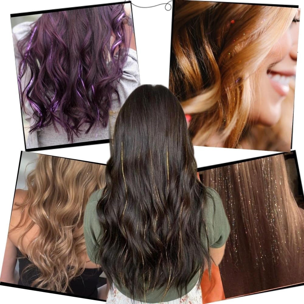 BowieMall 4-Piece Clip-In Hair Extension Kit with Glitter Tinsel - Heat Resistant Synthetic Hair Extensions for Women, Girls & Kids - Perfect for Parties, Festivals, Cosplay & Special Occasions