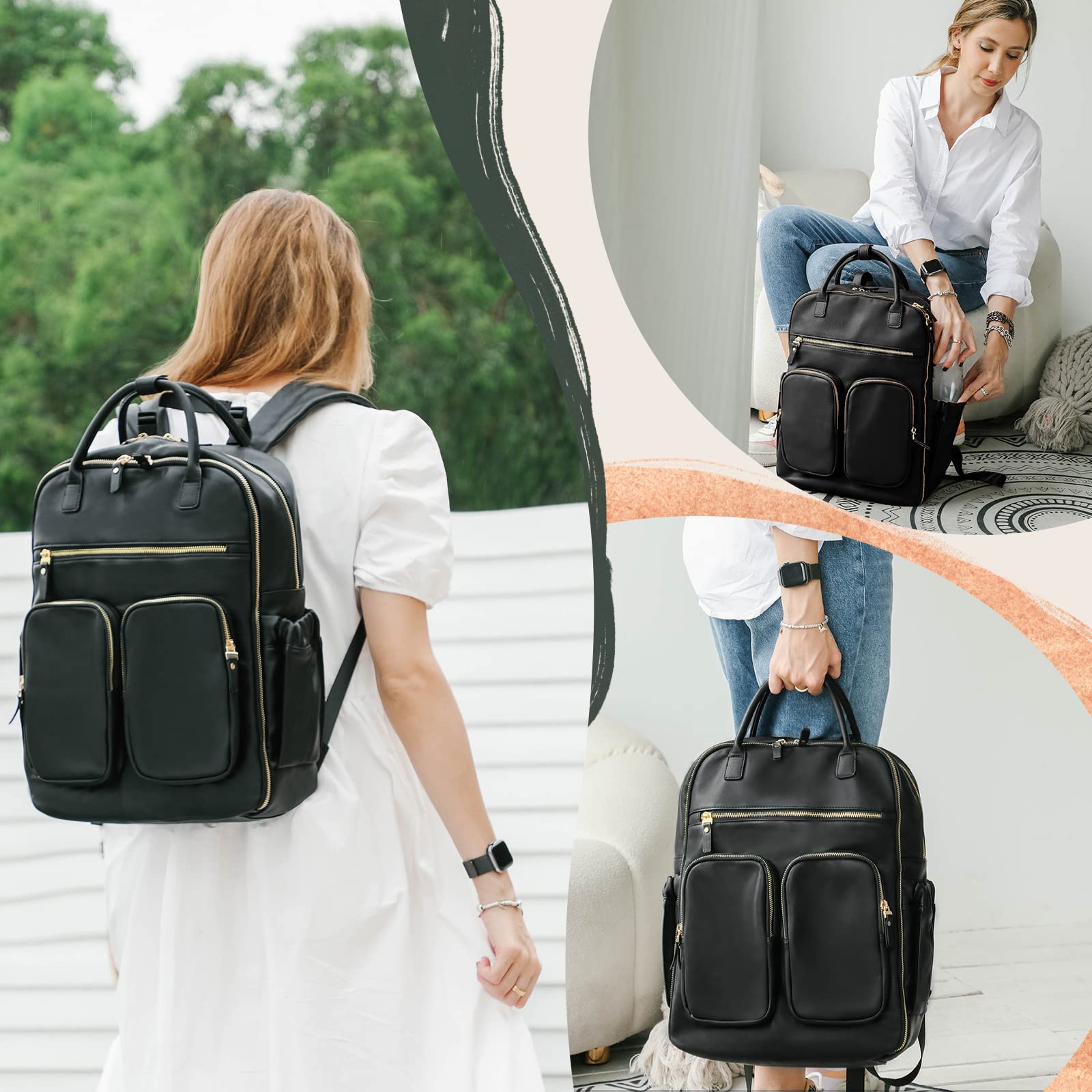 Premium Leather Diaper Backpack for Moms - 18 Pockets Baby Bag with Large Wet Pocket & 4 Insulated Pockets | Travel, Daily Use & Stroller Compatible | Black Waterproof Diaper Bag for Women, Girls & Boys
