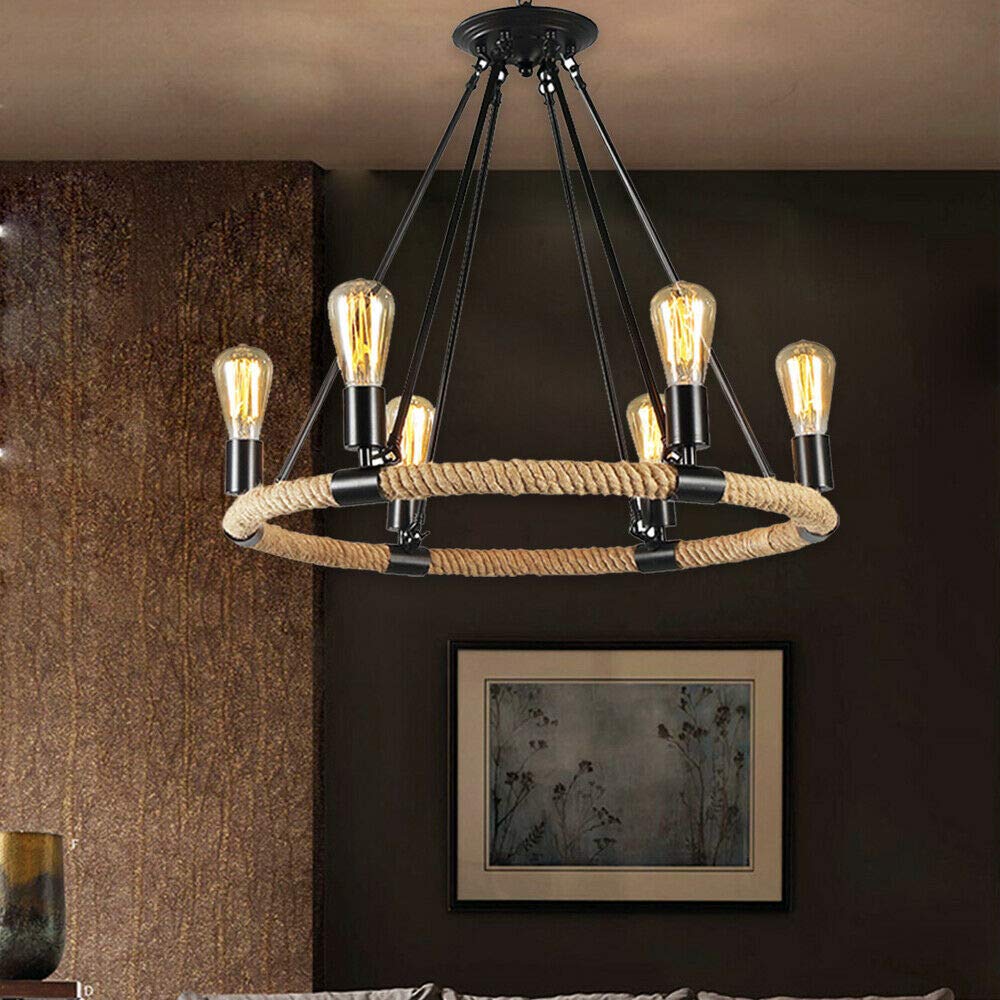 6/8-Light Metal Island Chain Ceiling Lamp - Rustic Industrial Pendant Light with Hemp Rope - Round Retro Chandelier for Living Room, Bedroom, Kitchen & Bar - Perfect for Farmhouse, Loft & Industrial Decor