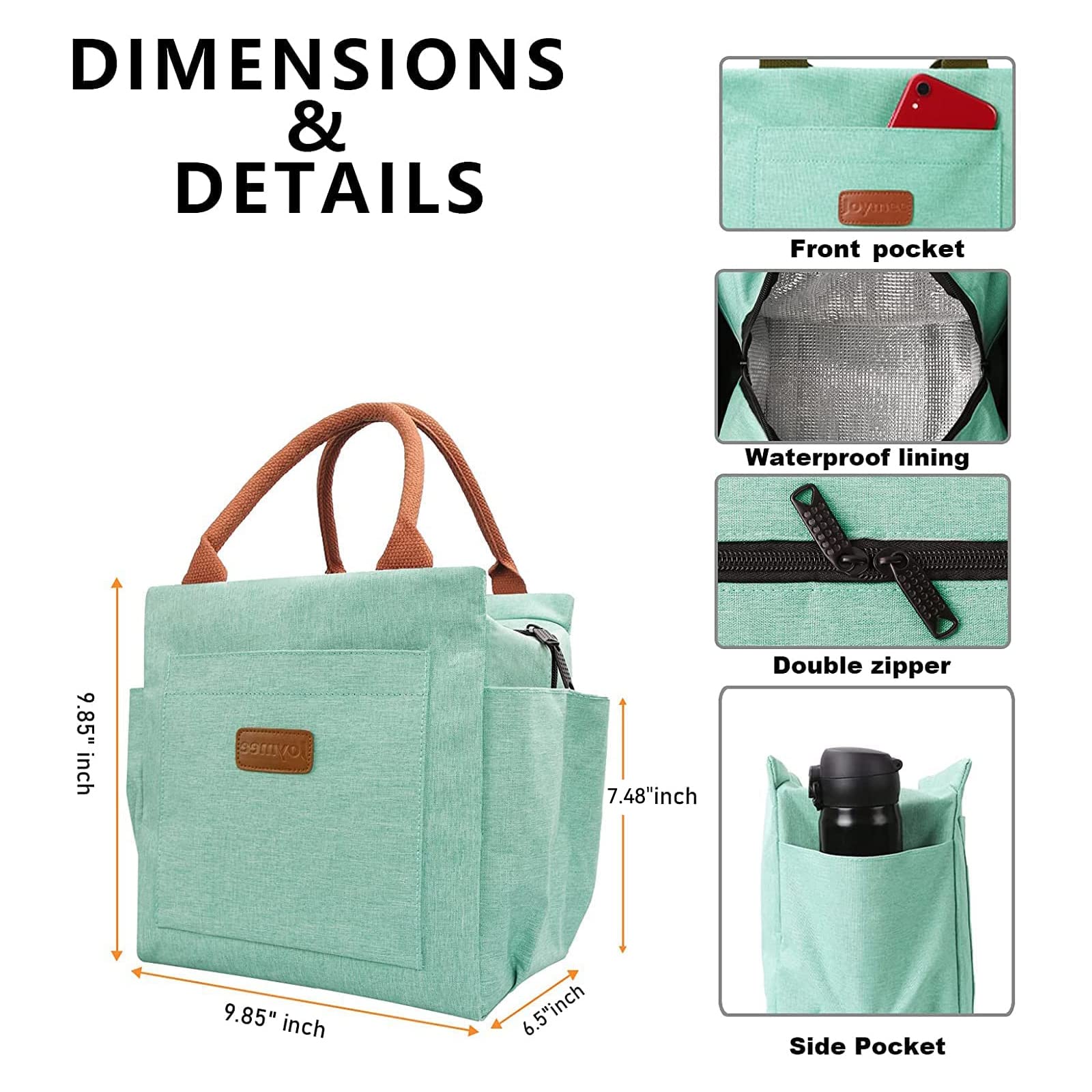 Joymee Insulated Lunch Bag for Women & Men - Large Leakproof Reusable Lunch Tote with Bottle Holder & Side Pockets - Perfect for Work, Office, Picnic, Travel & Outdoor Activities - Heather Teal