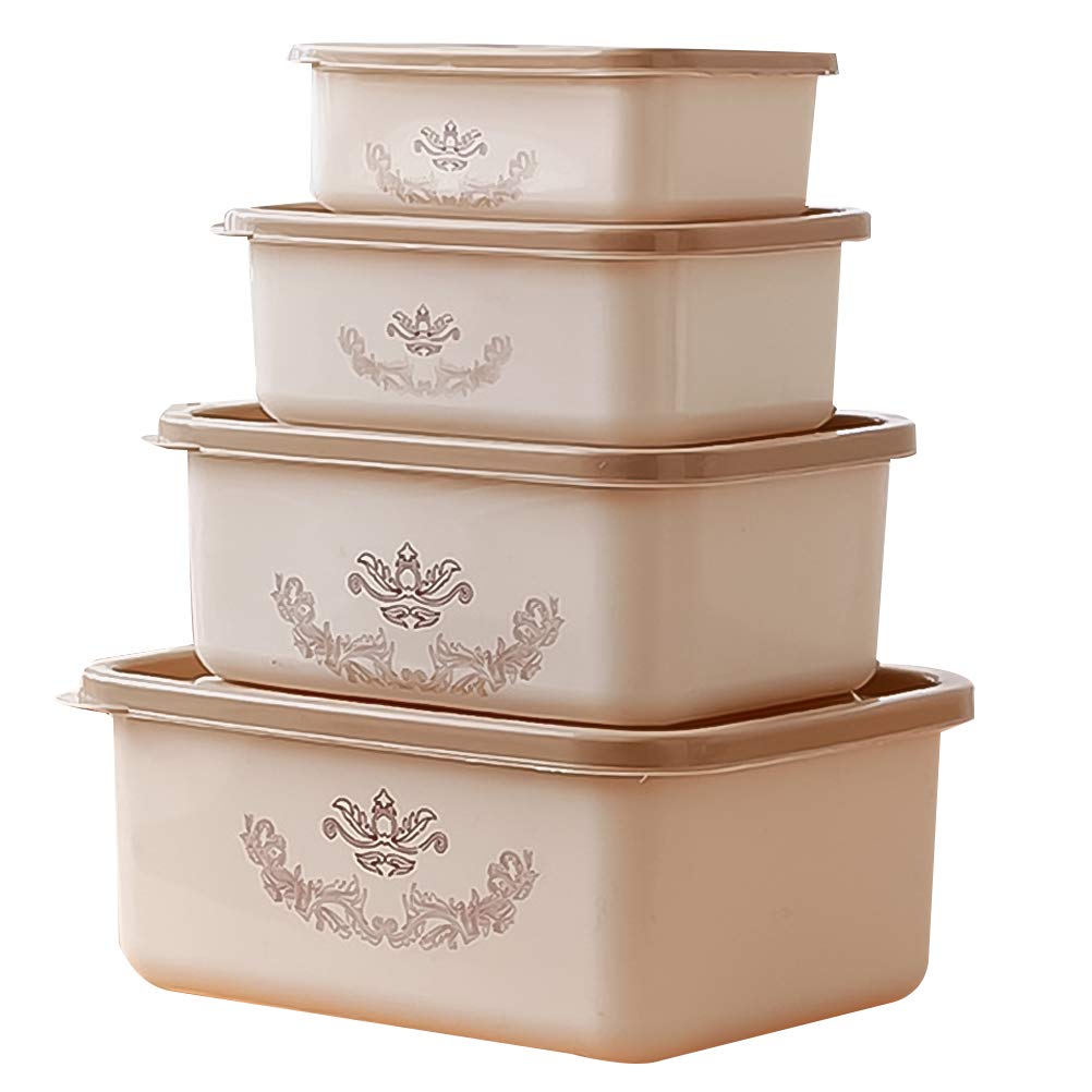 YARNOW 4-Piece Plastic Refrigerator Storage Container Set - Square Food Preservation Boxes for Fruits, Vegetables & Meal Prep | Airtight Kitchen Organization Solution for Home (Khaki)