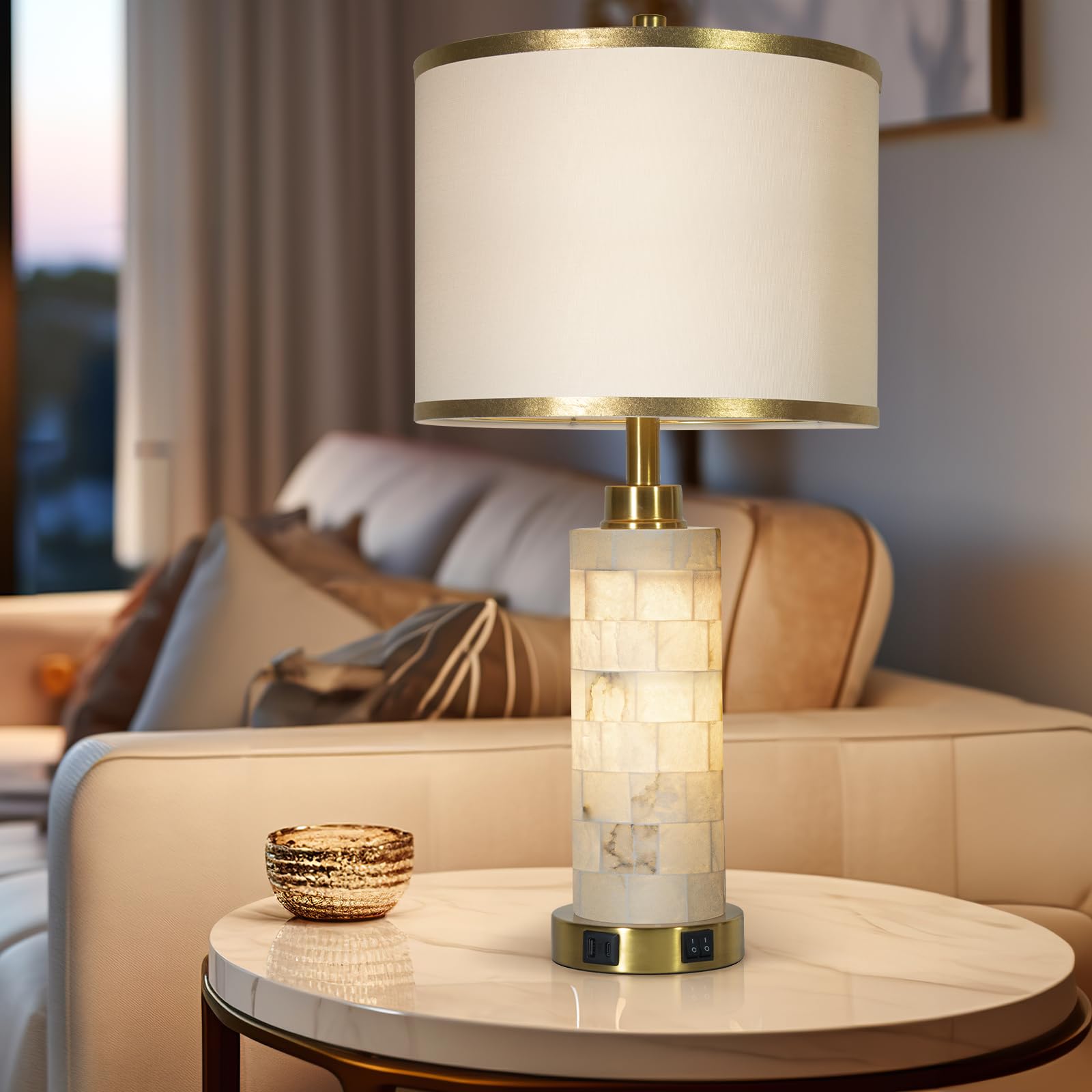 Natural Alabaster Nightstand Lamp Set of 2 - USB Charging Ports, Linen Shade, Warm White Light - Perfect for Bedroom, Living Room, Home Office, Hotel & Bar Decor