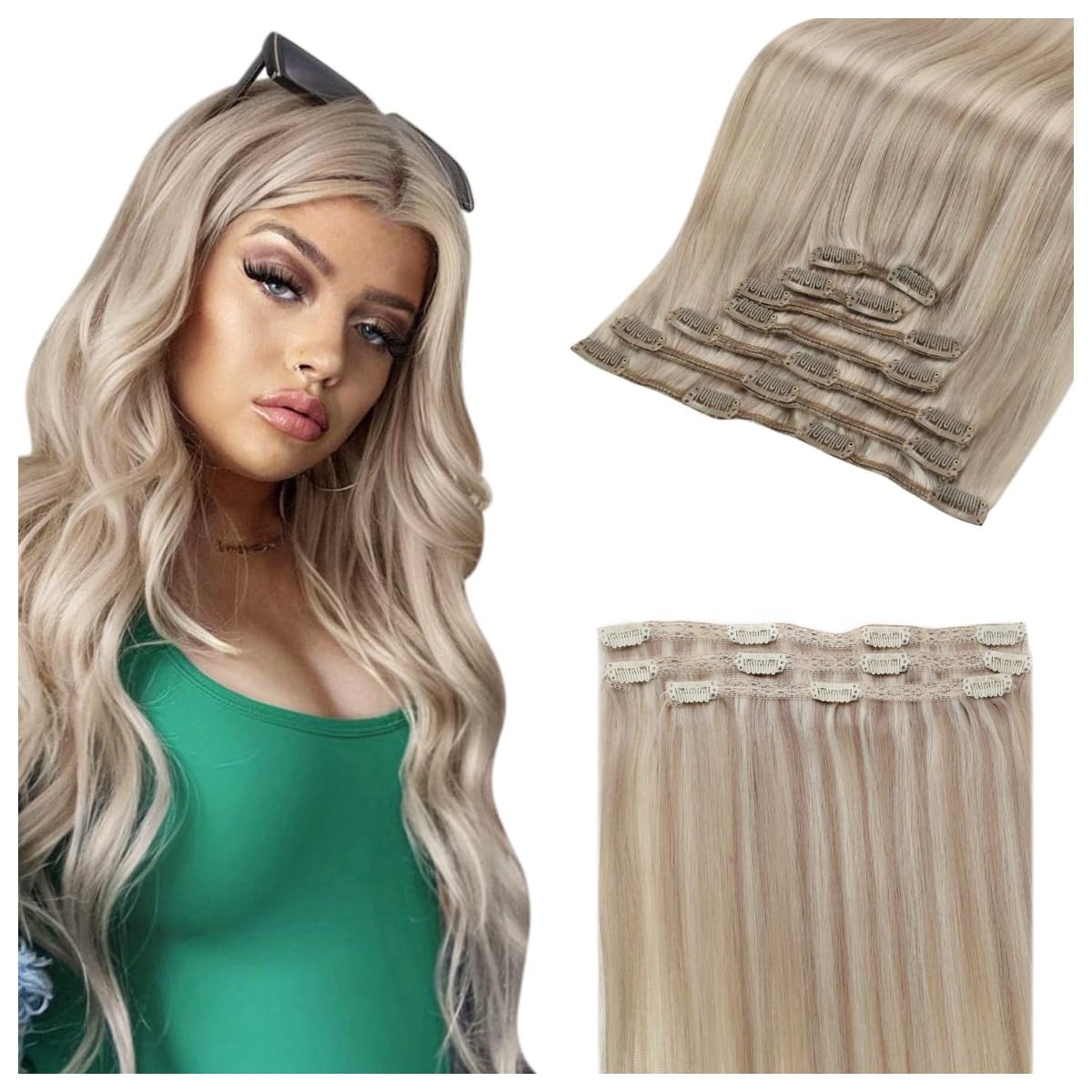 20 Inch Clip in Hair Extensions Real Human Hair - Blonde Highlight Hair Extensions Bundle (3Pcs & 7Pcs) 180Grams for Thick Hair - Natural Look for Daily Wear, Parties & Special Occasions