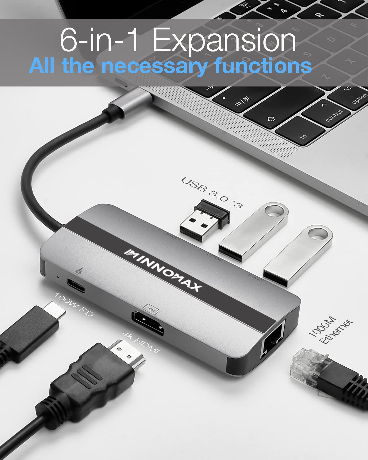 INNOMAX 6-in-1 USB C Hub with Ethernet, HDMI 4K 30Hz, 100W PD, 3 USB 3.0 Ports – USB C Adapter for MacBook Pro/Air, iPad, Dell XPS – Perfect for Home Office, Remote Work & Video Conferencing