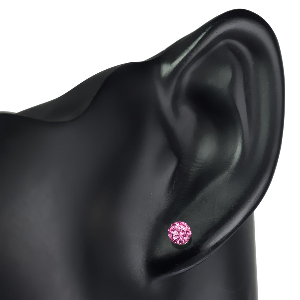Sterling Silver Rose Pink Crystal Rhinestone Stud Earrings | 7mm Post Back | Elegant Disco Ball Design for Women | Perfect for Parties, Weddings & Evening Events