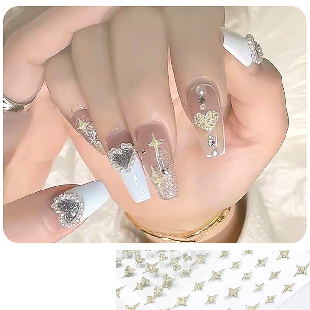 6 Sheets Gold Nail Art Stickers - 3D Metallic Self-Adhesive Nail Decals with Heart, Butterfly, Flame & Star Designs - Glitter Nail Art Supplies for Acrylic Nails - DIY Nail Decorations for Women & Girls - Perfect for Parties, Weddings, and Special Occasions
