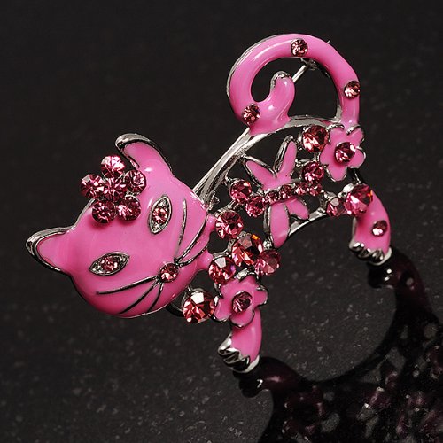 Elegant Pink Crystal Enamel Cat Brooch Pin - Vintage Style Jewelry for Women - Perfect for Blazers, Scarves & Handbags