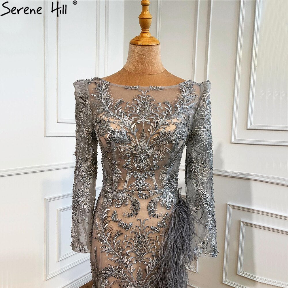 Elegant Grey Mermaid Evening Gown with Beading & Feathers - Luxury Formal Dress for Women | Perfect for Prom, Gala & Special Occasions